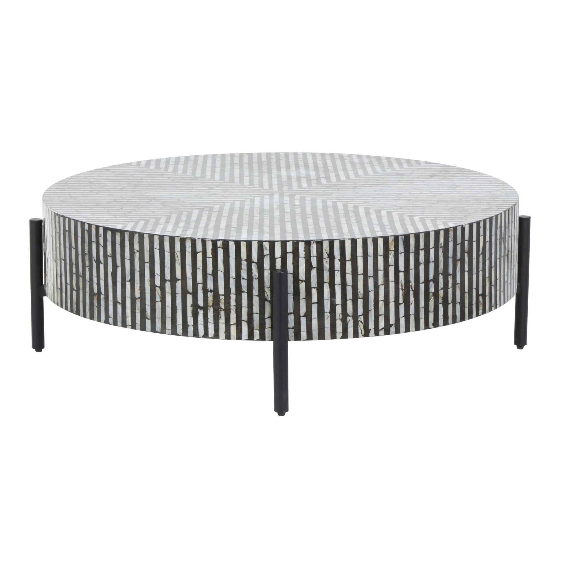 Geometric Mother of Pearl Shell Handmade Mosaic Inlay Living Room Coffee Table with Black Metal Legs 38" x 38" x 12"