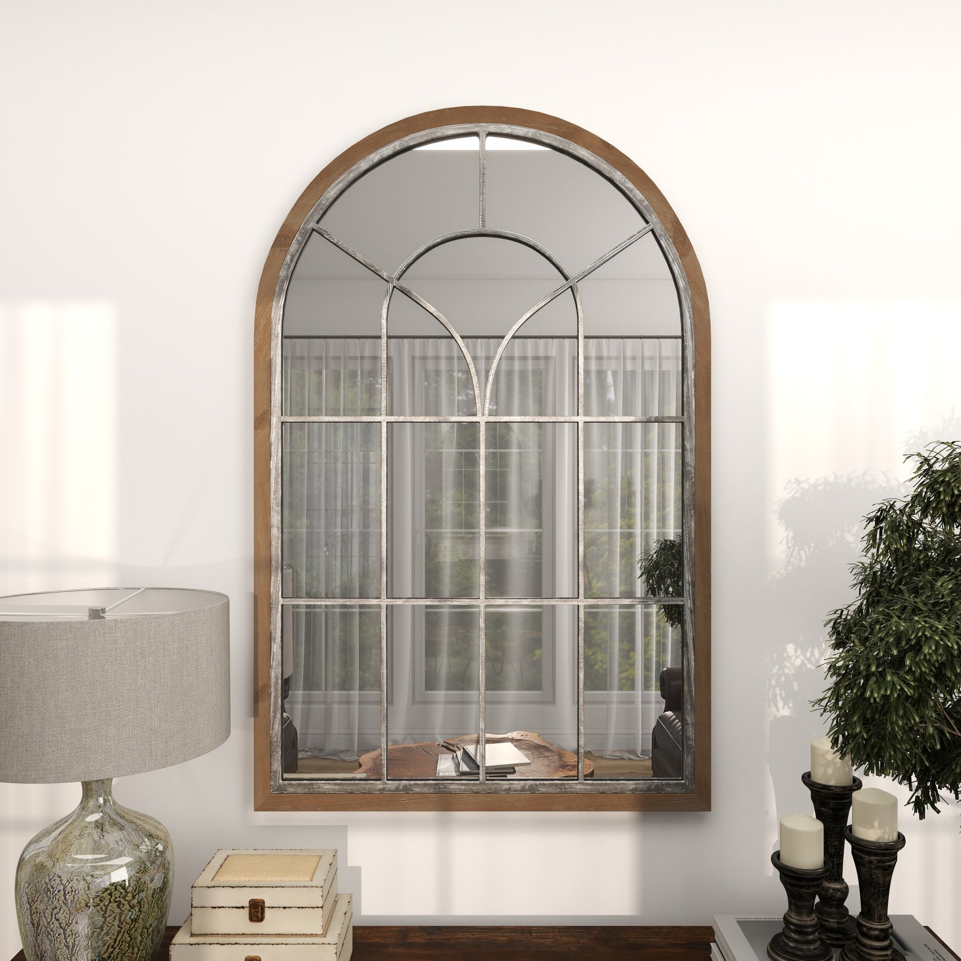 Brown Wooden Window Pane Inspired Room Wall Mirror with Arched Top