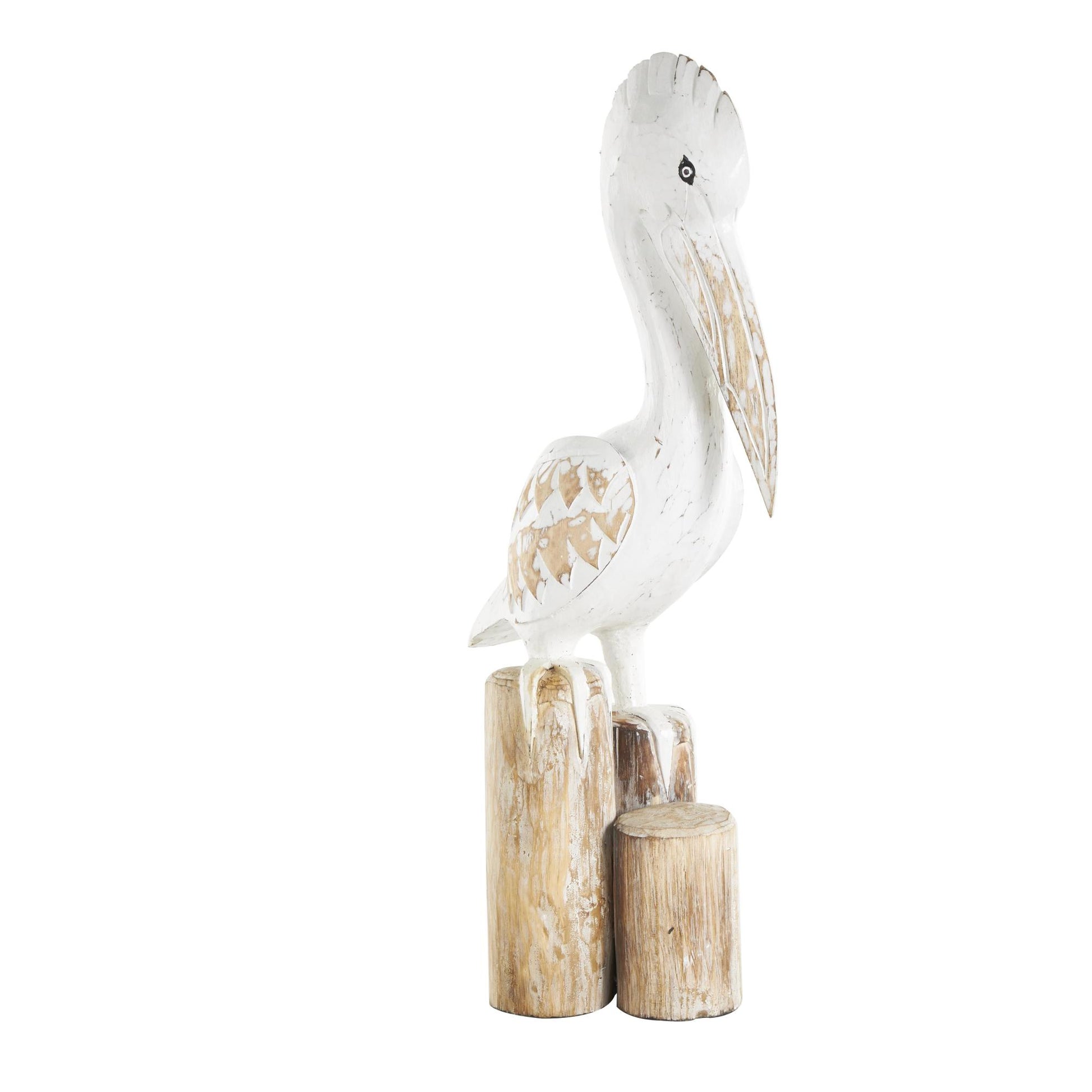 Pelican White Wood Handmade Distressed Decorative Sculpture with 3 Brown Posts
