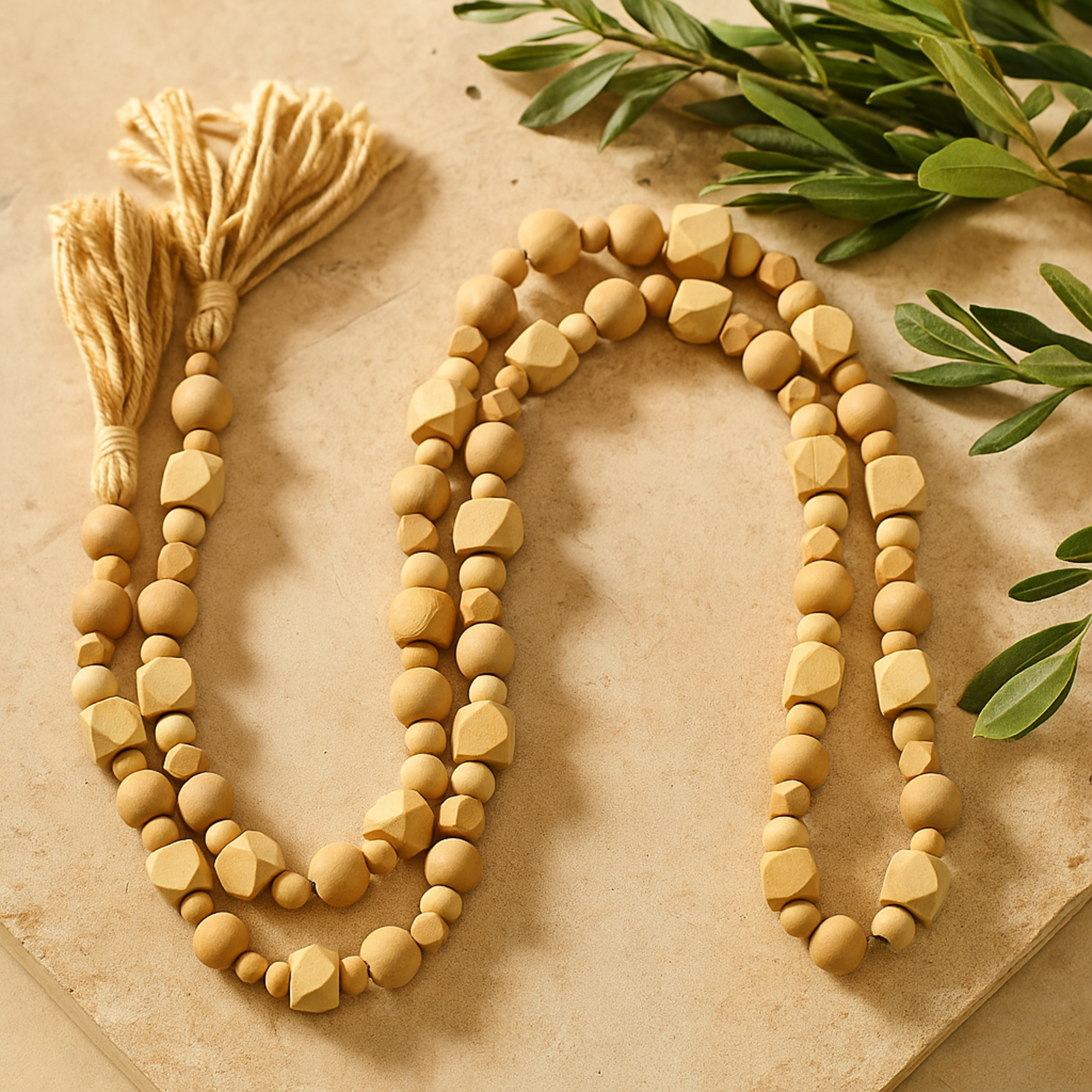 Mango Wood Handmade Hexagon Carved Geometric Long Beaded Garland with Tassel