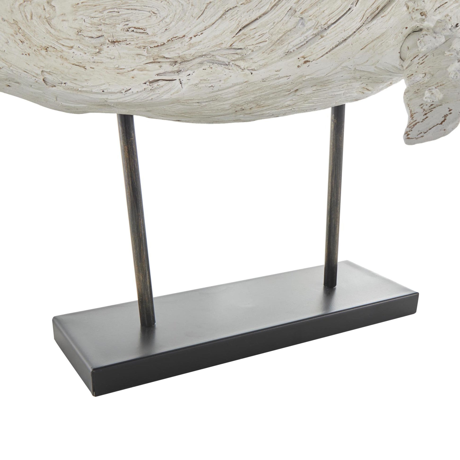 Whale Cream Polystone Textured Decorative Sculpture with Brown Distressing and Black Metal Stand