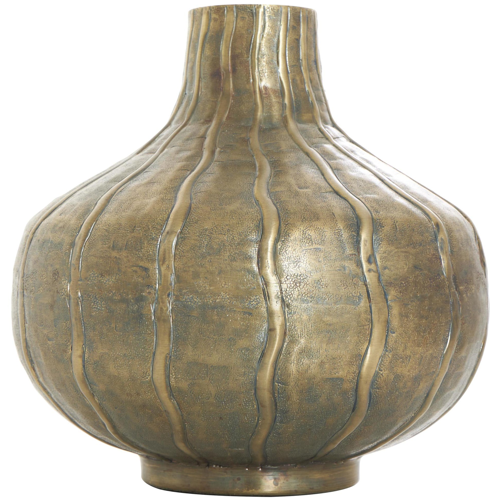 Brass Metal Wide Snakeskin Inspired Decorative Vase with Dimensional Wavy Accents