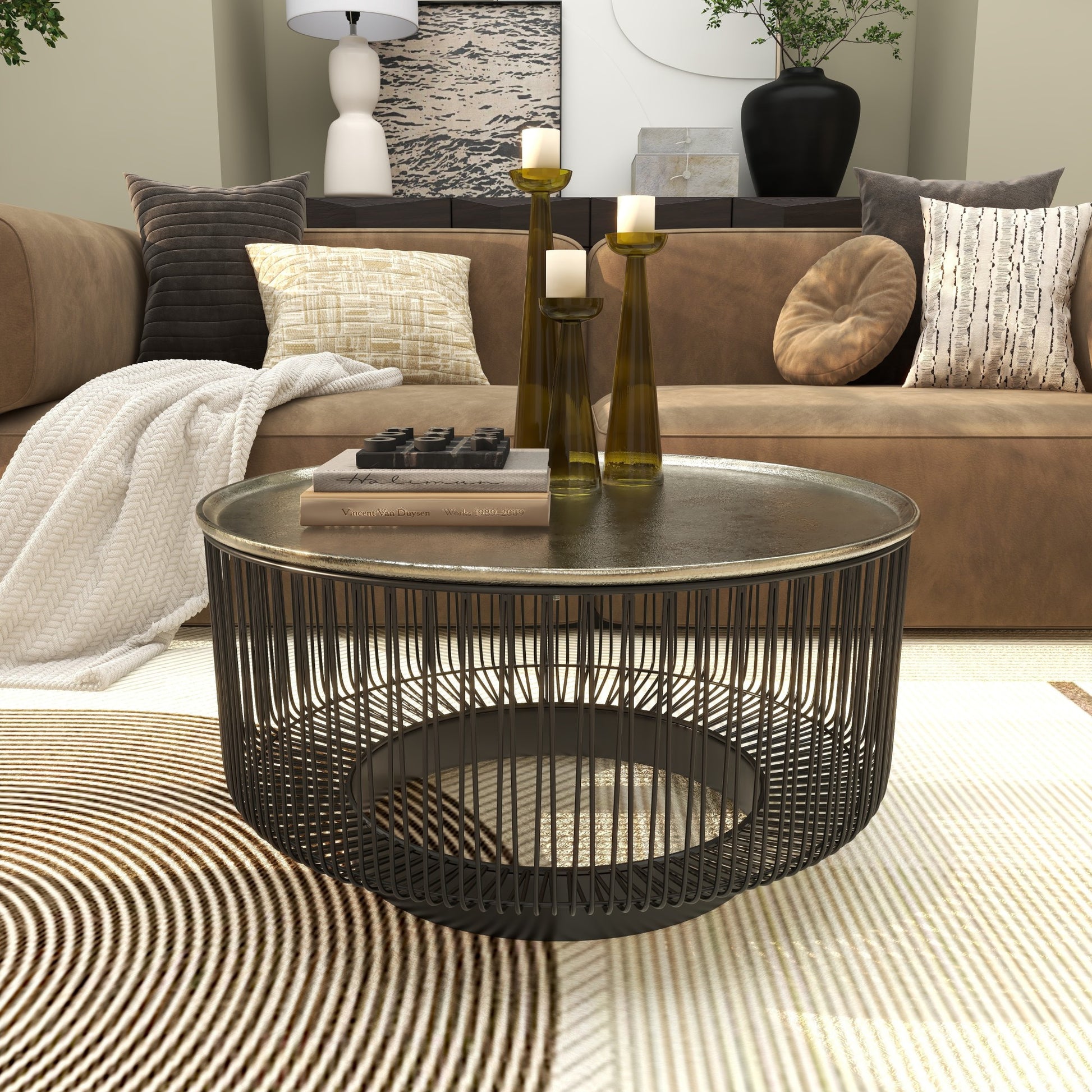 Geometric Black Aluminum Metal Open Frame Wire Coffee Table with Silver Aluminum Top