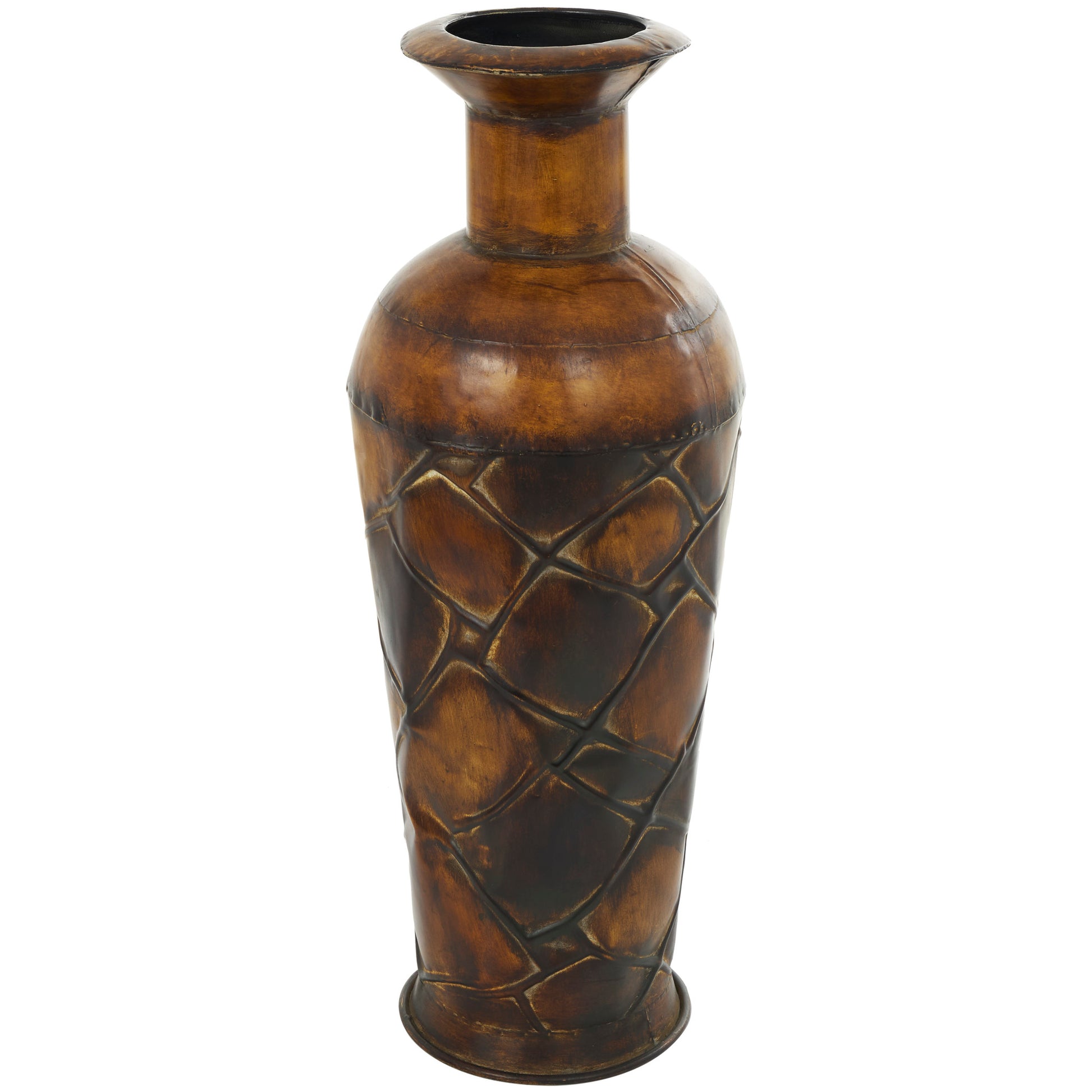 Set of 3 Brown Metal Indoor Outdoor Tall Floor Bottleneck Decorative Vase with Tortoise Shell Pattern