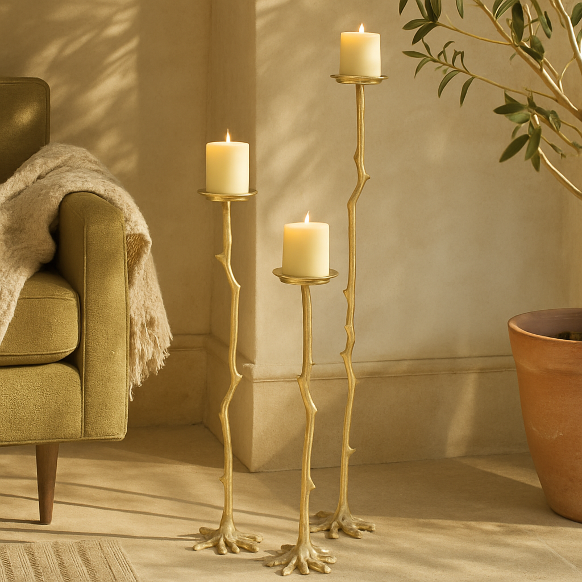 Set of 3 Abstract Gold Aluminum Metal Tall Floor Decorative Candle Holder with Stick Inspired Design