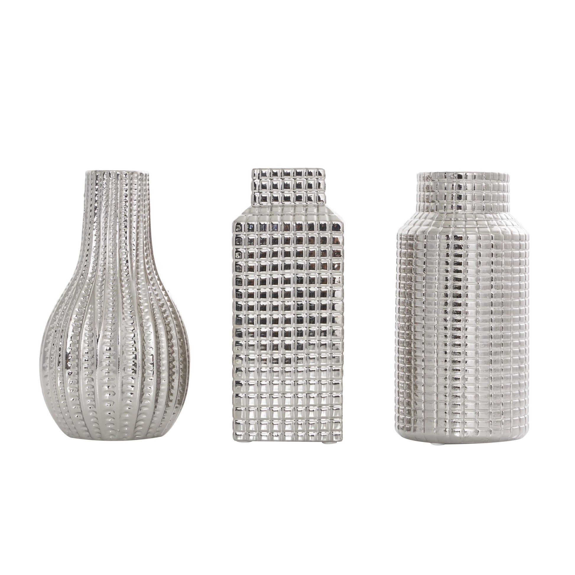 Set of 3 Geometric Ceramic Dimensional Textured Decorative Vase with Varying Shapes and Grid Patterns Set of 3 3"W, 8"H