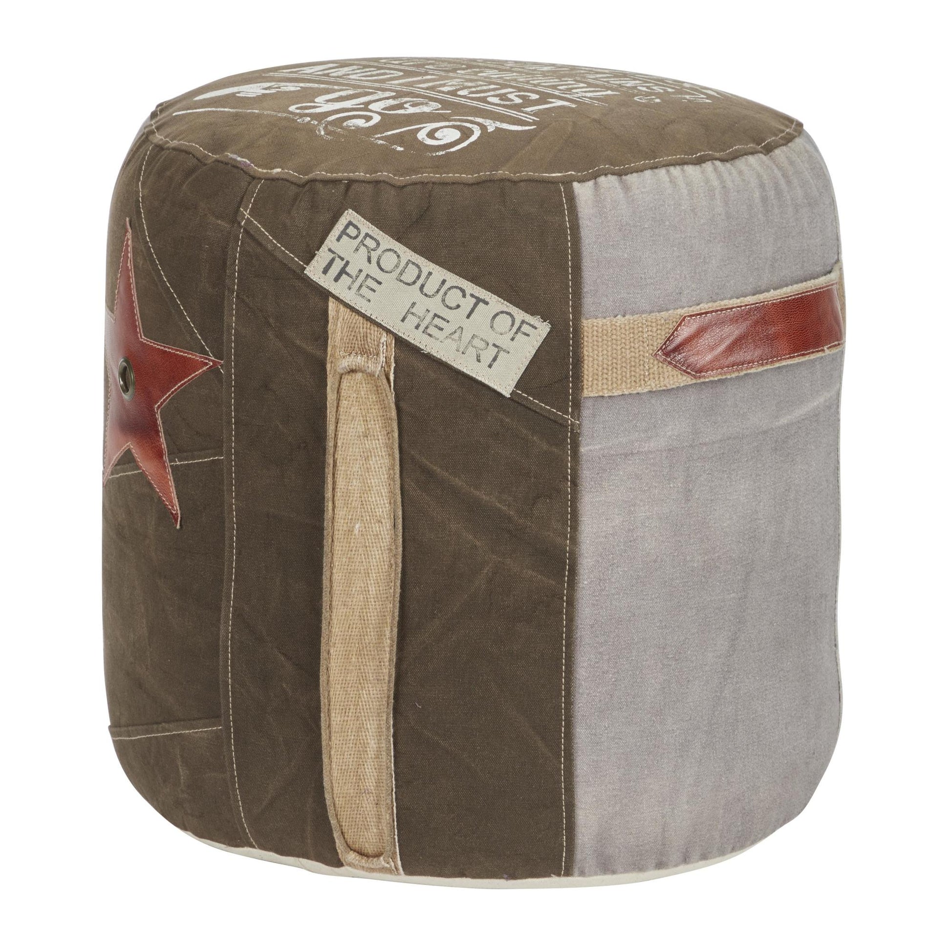 Star Canvas Stuffed Pouf with Leather Accents