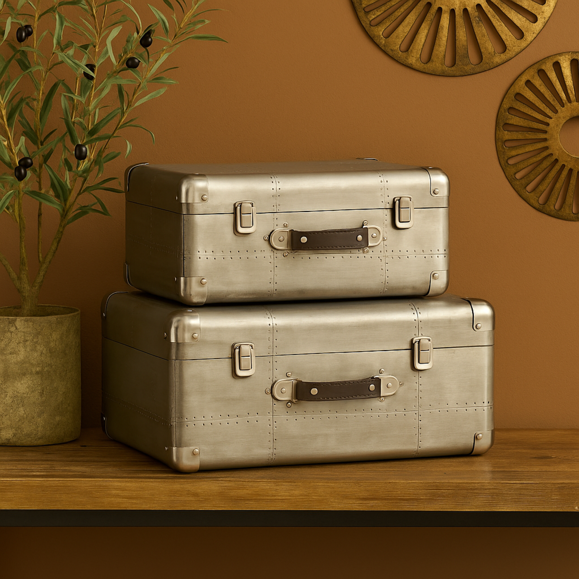 Set of 2 Gray Wooden Decorative Box with Handles