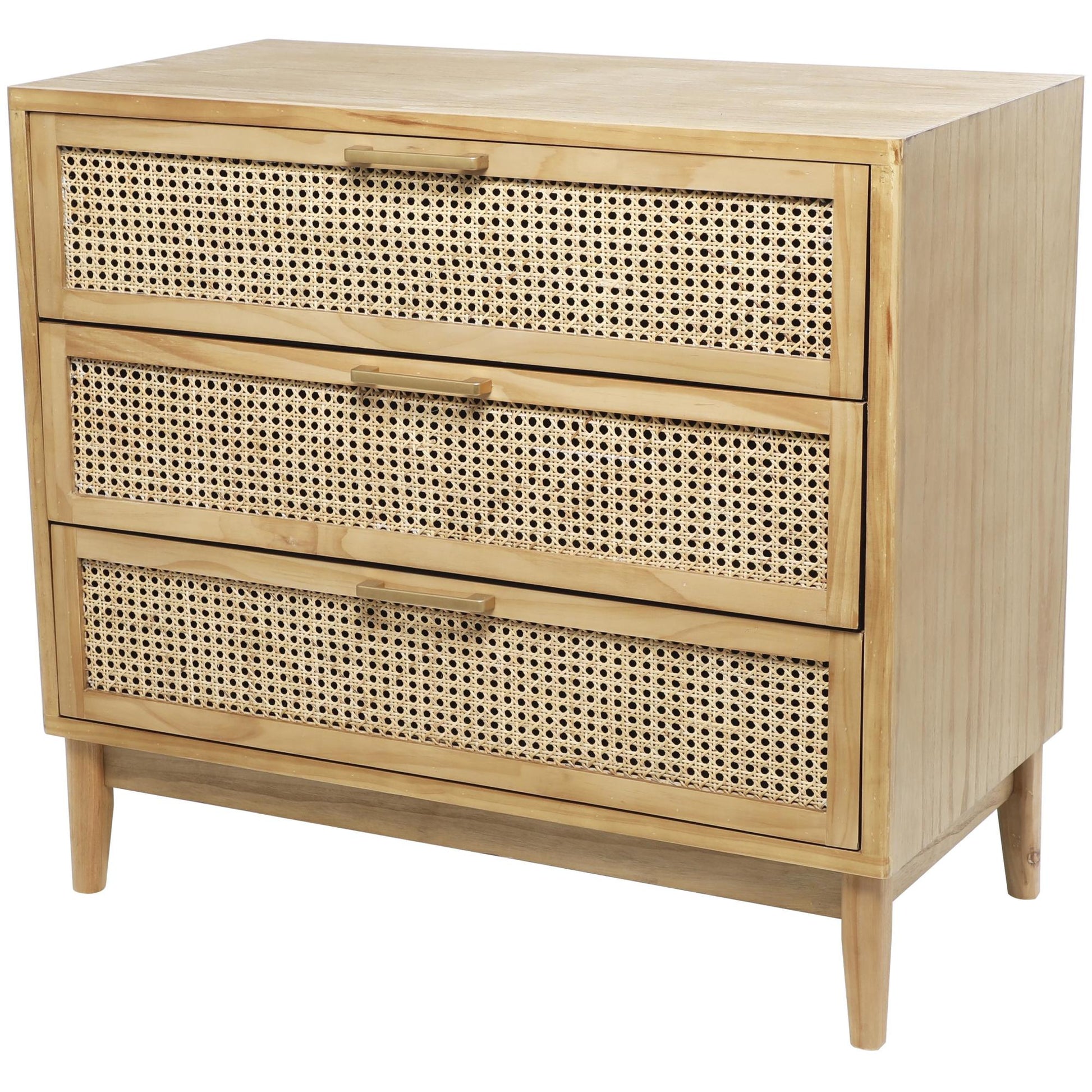 Wood 3 Drawer Room Chest with Beige Rattan Drawers and Gold Handles