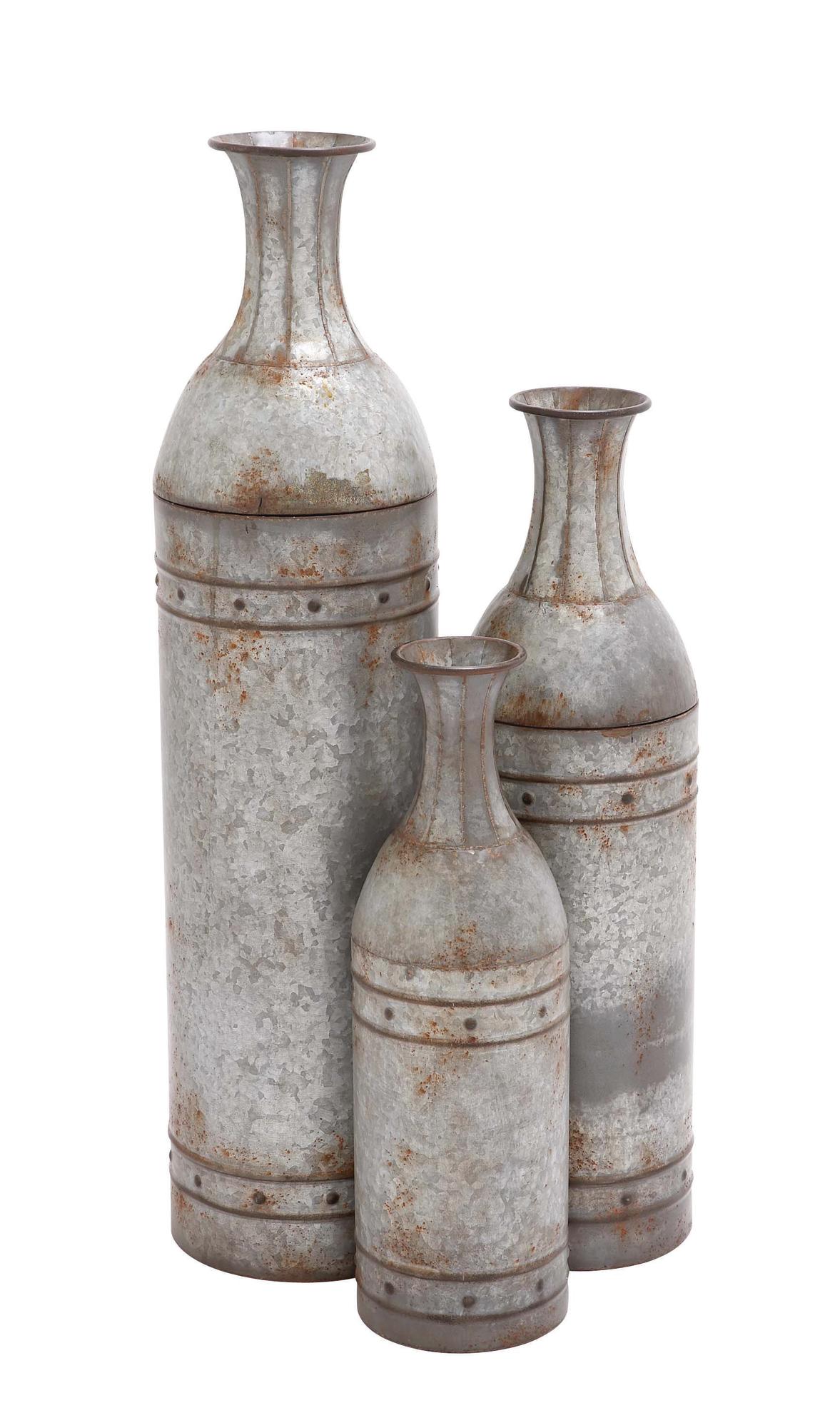 Set of 3 Gray Metal Handmade Tall Galvanized Floor Decorative Vase with Studs
