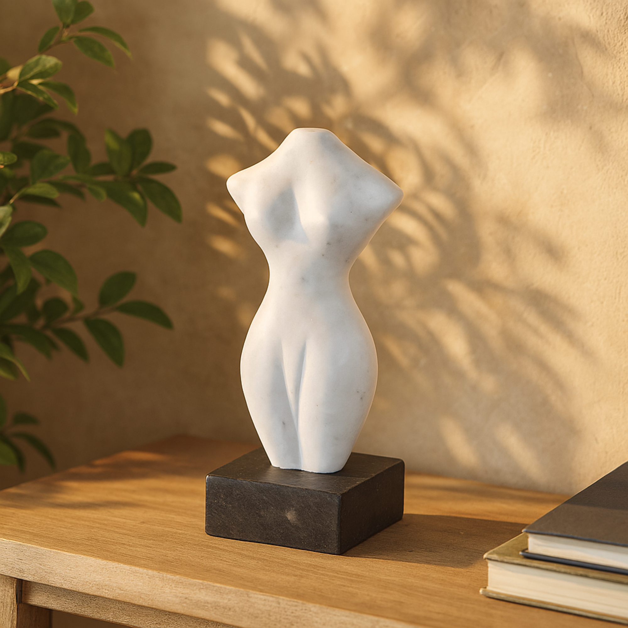 Woman White Marble Abstract Female Form Decorative Sculpture with Black Block Base