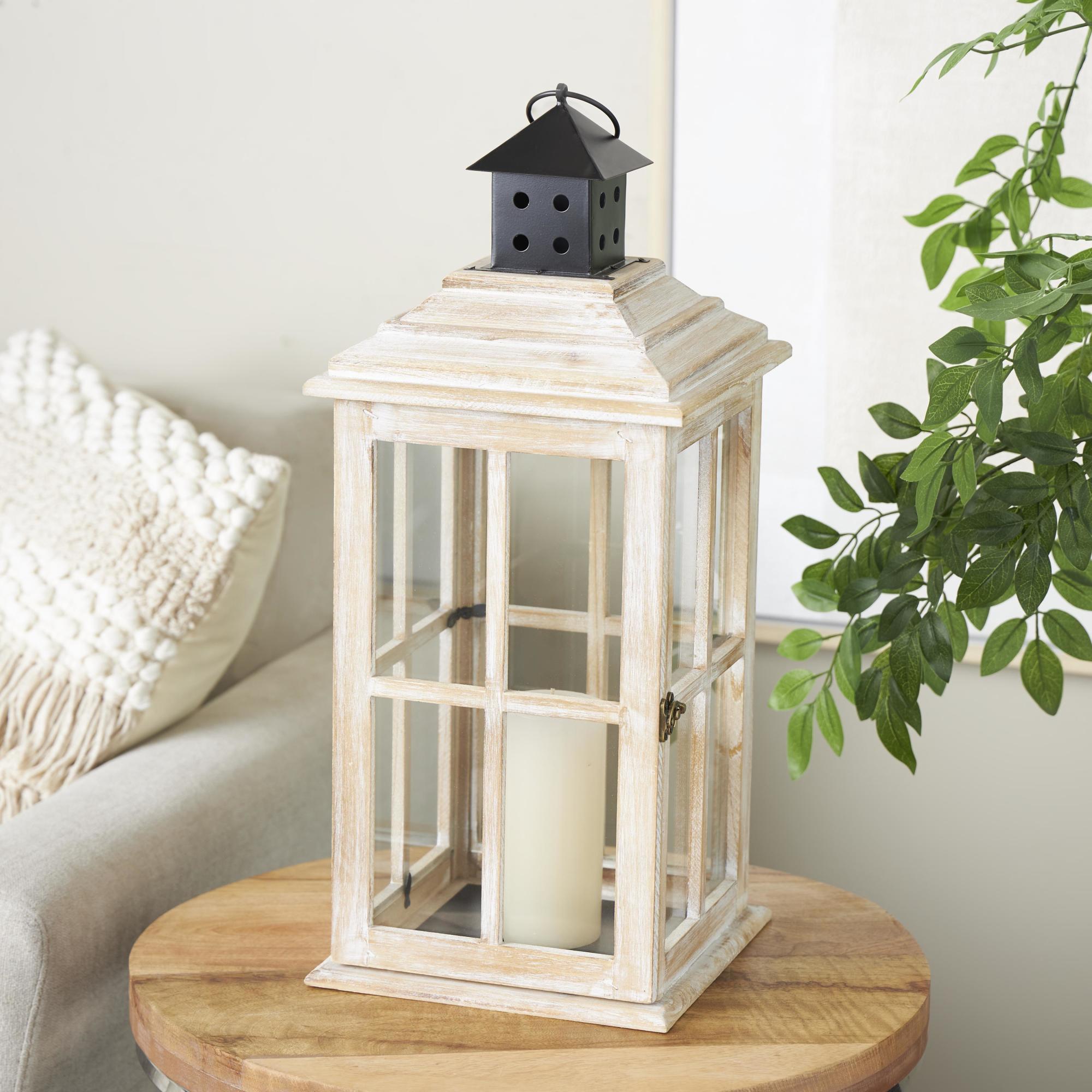 Light House Wood Decorative Indoor Outdoor Candle Lantern with Black Ring Handle