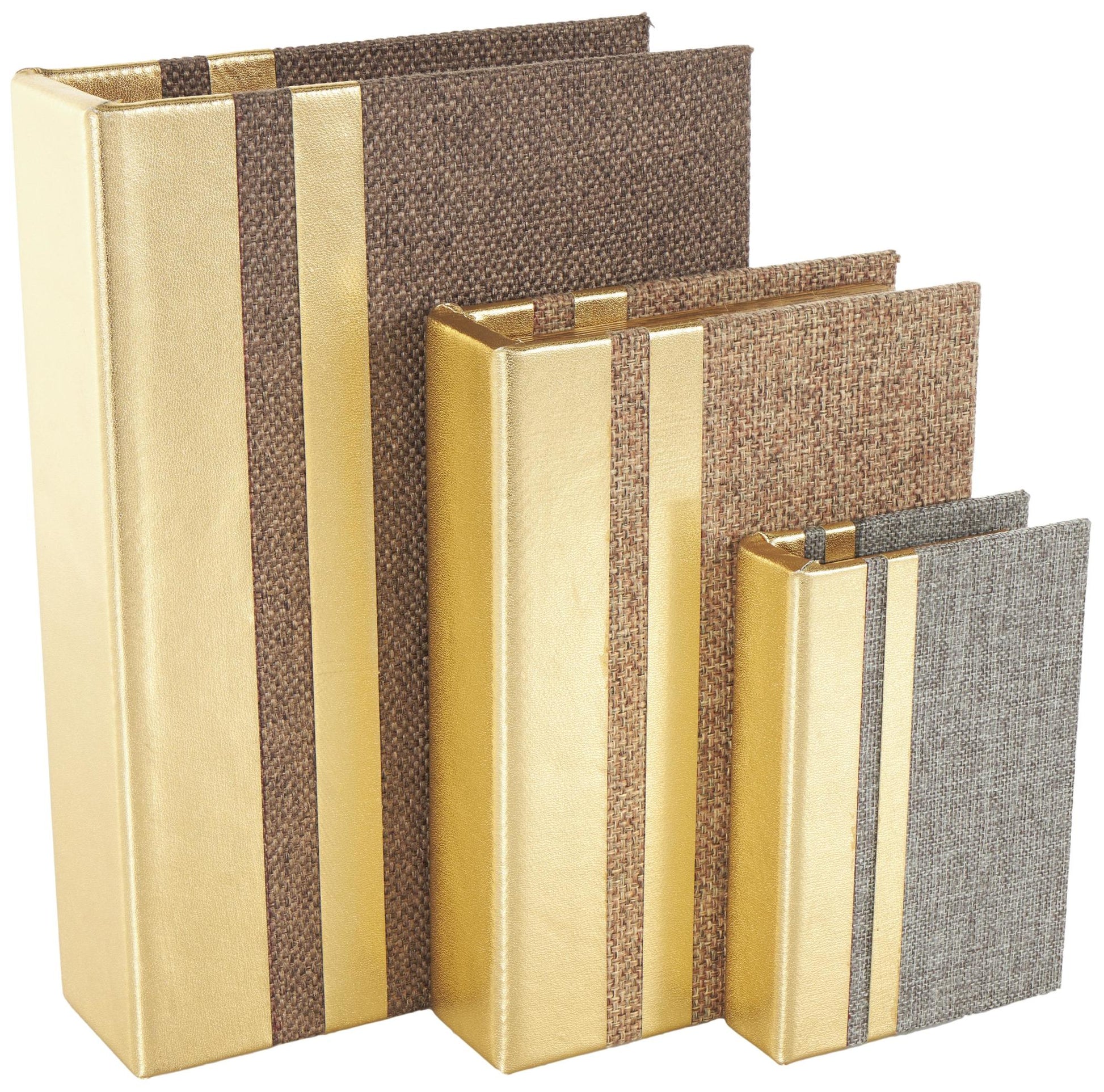 Set of 3 Brown Linen Fabric Textured Faux Book Storage Decorative Box with Gold Faux Leather