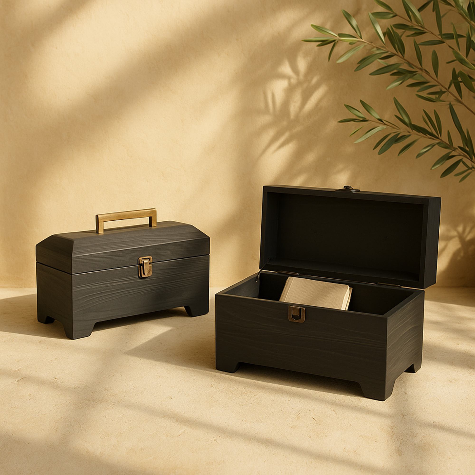 Set of 2 Black Wood Handmade Decorative Box with Brass Latches and Handle