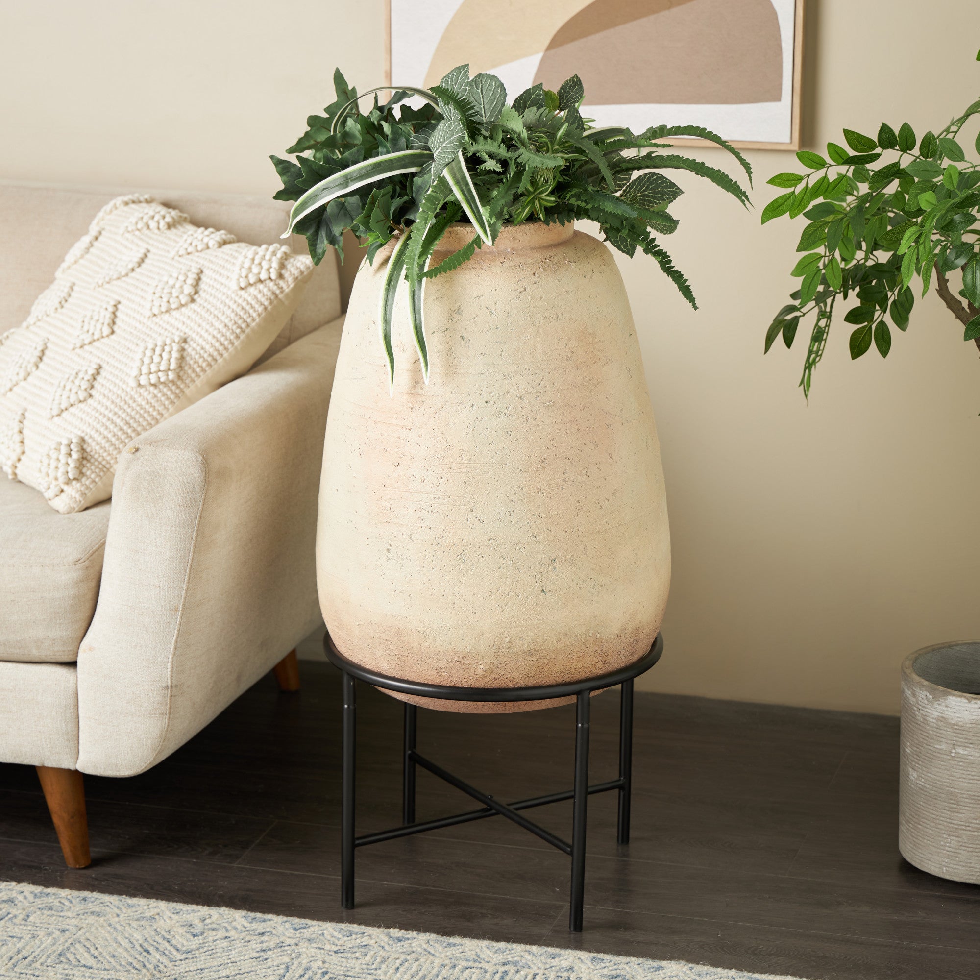 Beige Magnesium Oxide Wide Decorative Vase with Black Metal Stand