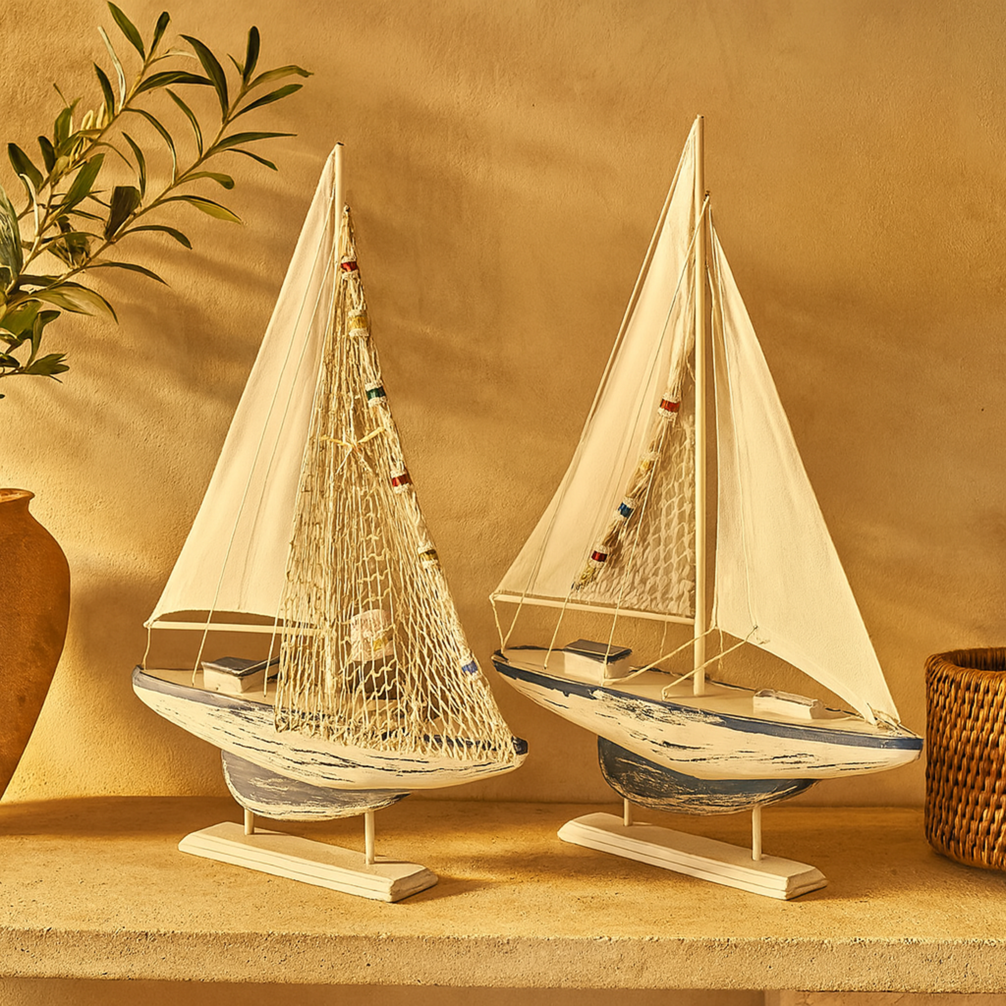 Set of 2 Sail Boat White Wood Handmade Decorative Sculpture