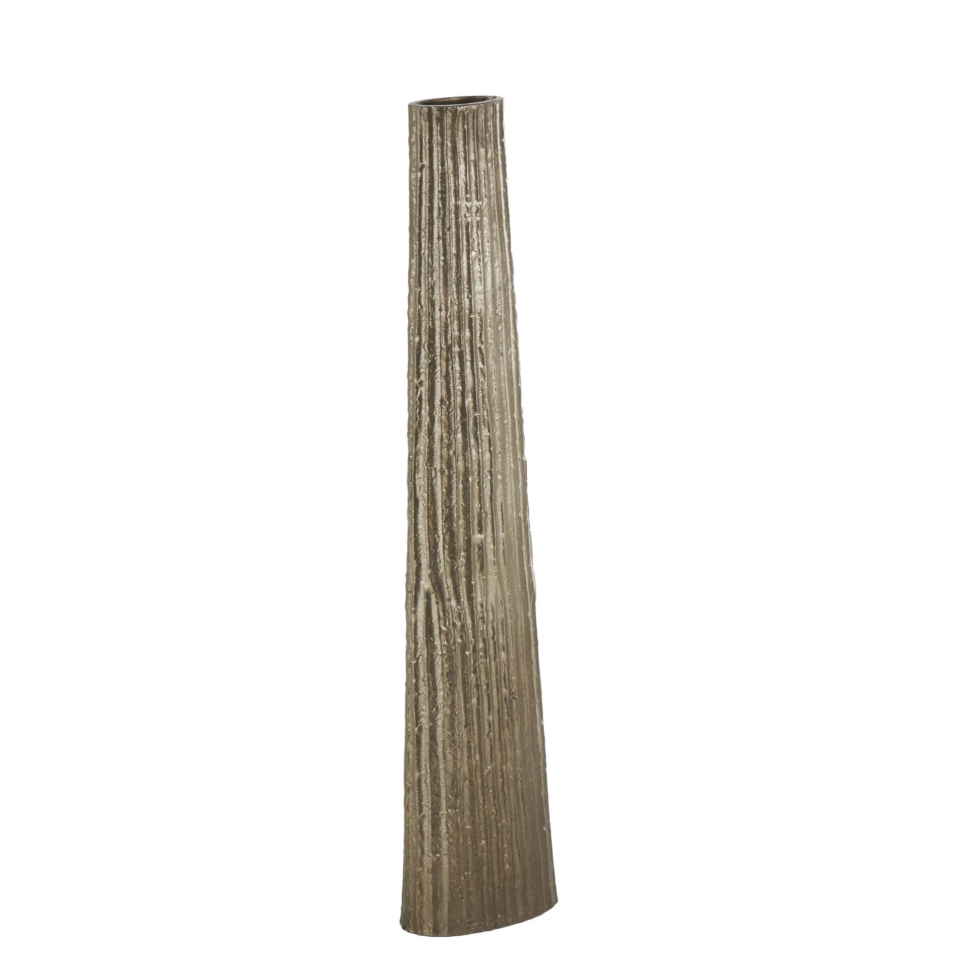 Brass Aluminum Metal Slim Flat Tall Floor Cone Decorative Vase with Textured Ridges