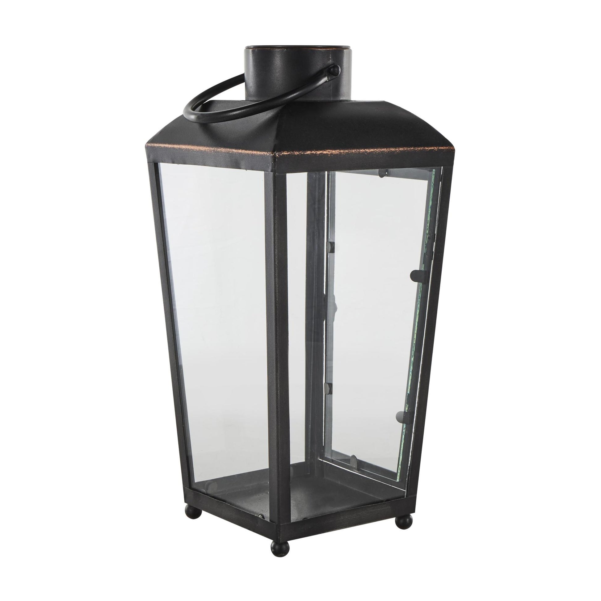 Black Metal Modern Indoor Outdoor Candle Lantern with Gold Accents