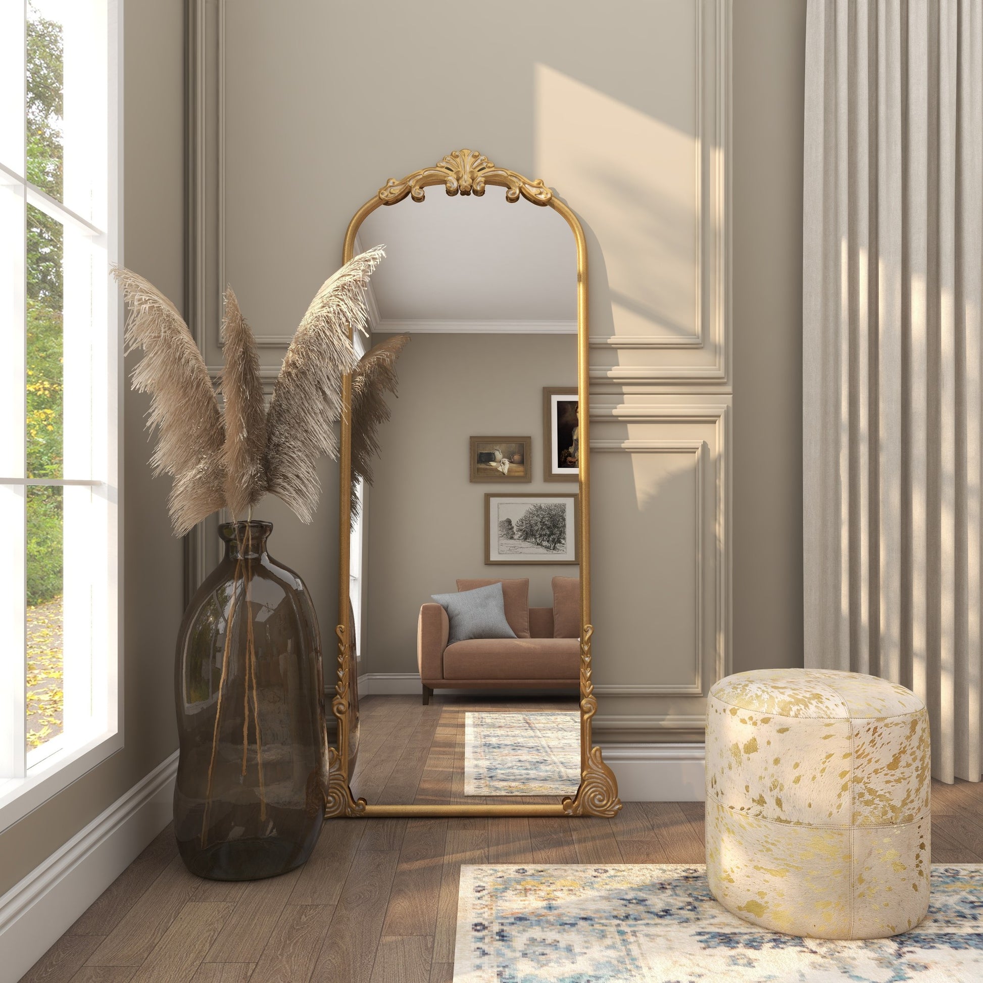 Scroll Gold Metal Tall Ornate Arched Baroque Room Floor Mirror