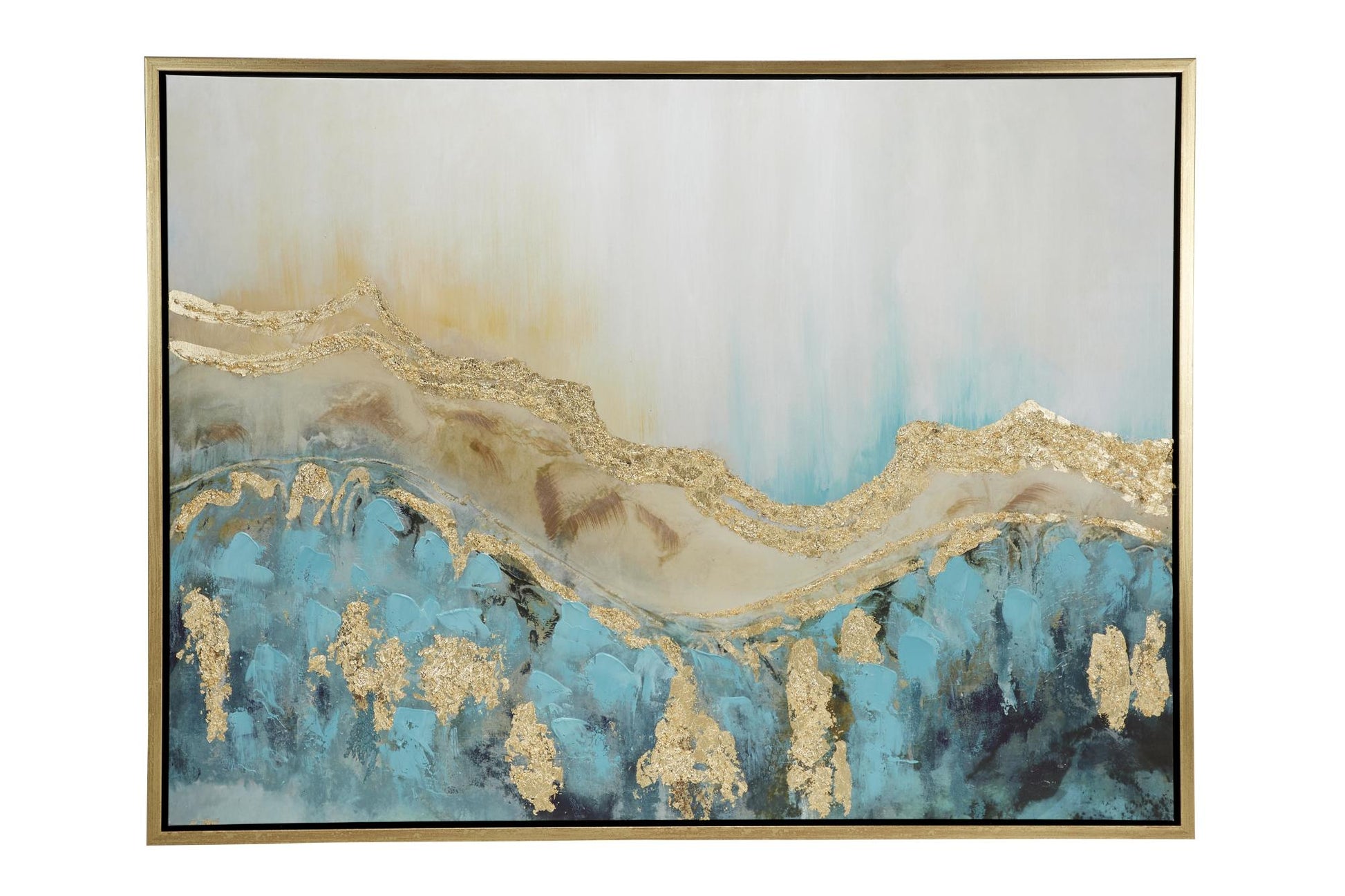 Abstract Blue Canvas Wave Living Room Framed Wall Art with Gold Foil Accents
