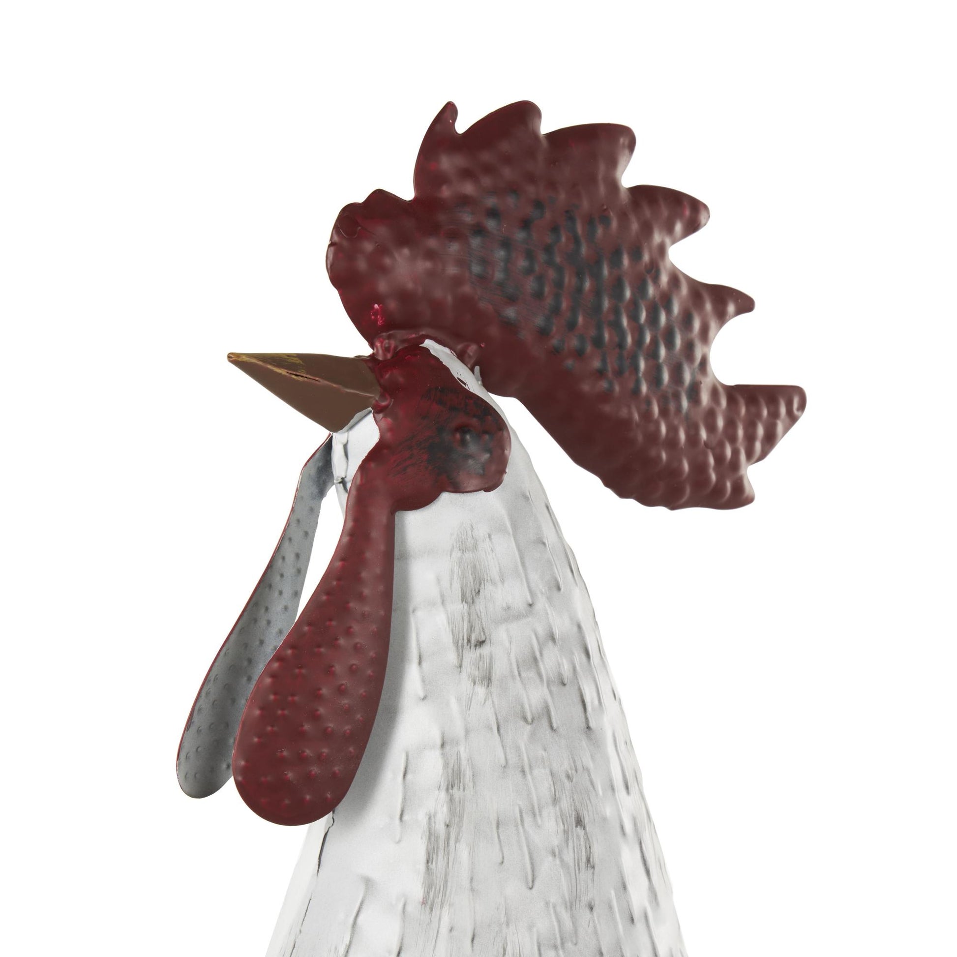 Rooster White Metal Decorative Garden Sculpture with Black Texturing and Red Accents