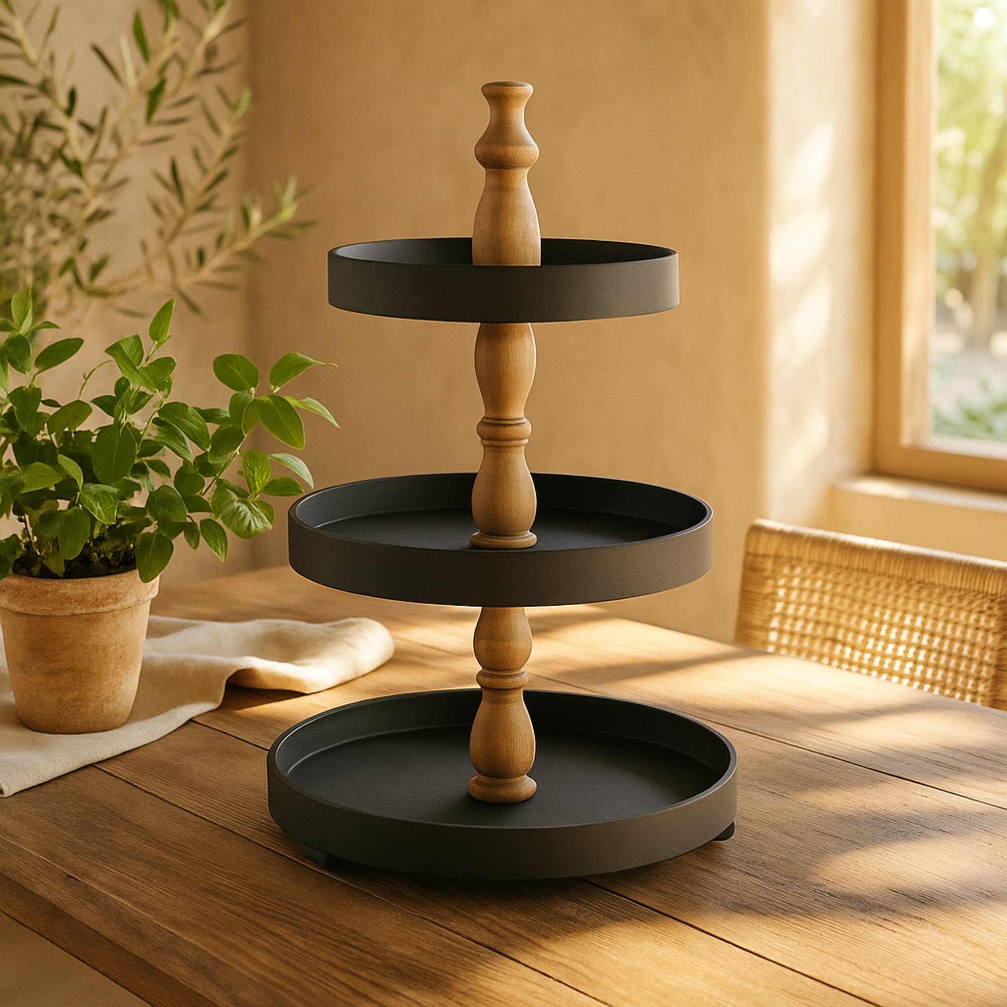Wood 3 Level Decorative Tiered Server with Wood Post