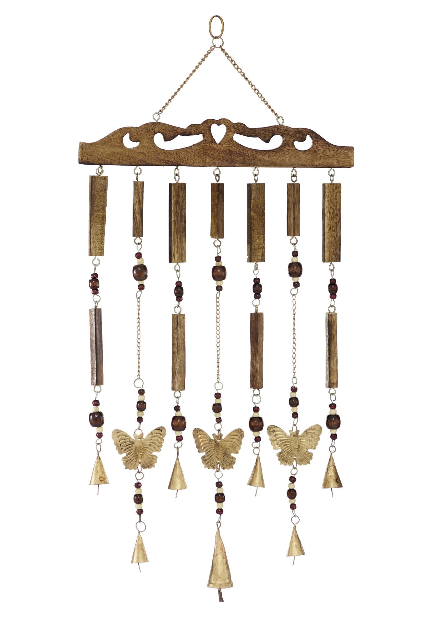 Butterfly Brown Wood Indoor Outdoor Windchime with Beads and Cone Bells