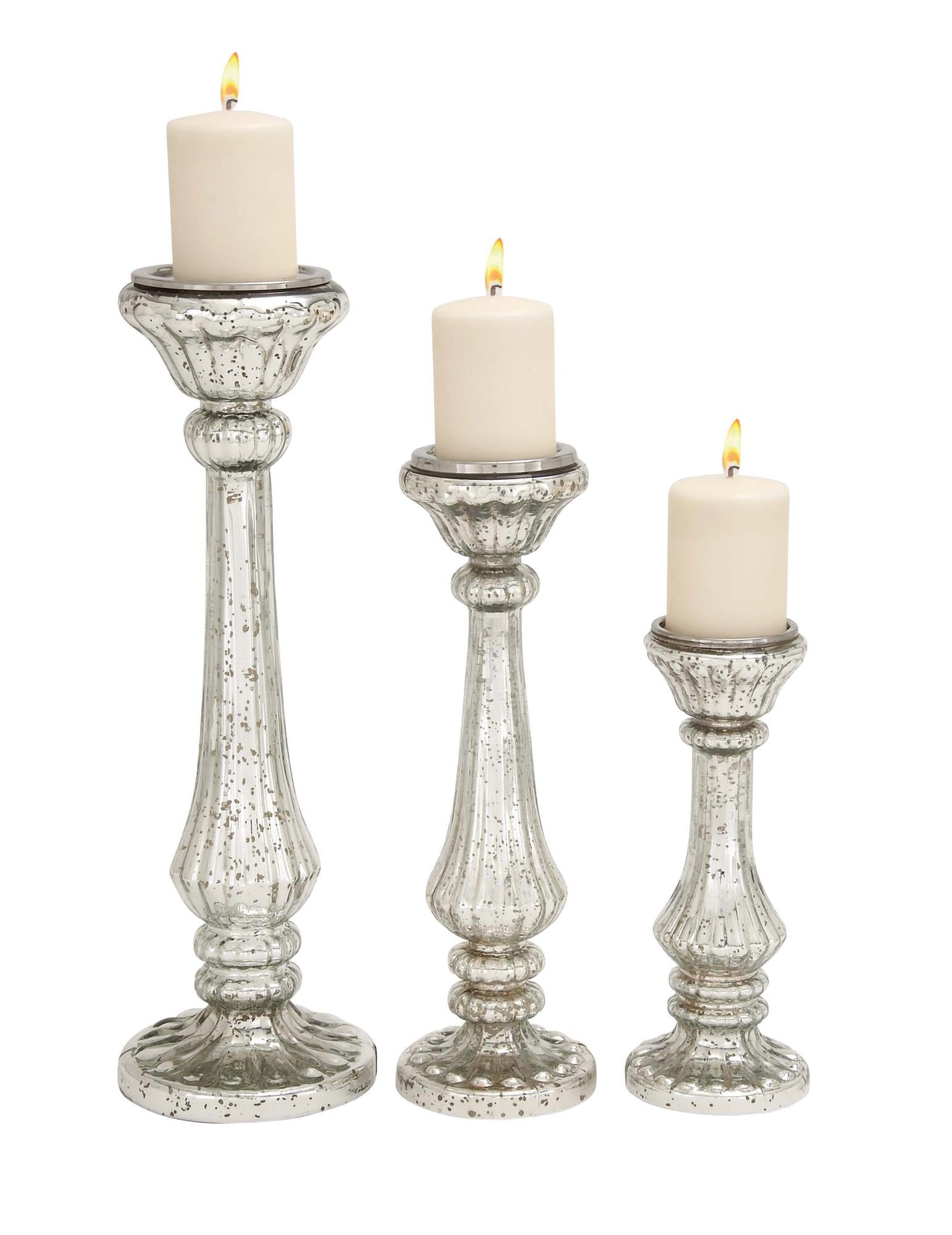 Set of 3 Silver Glass Handmade Turned Style Pillar Decorative Candle Holder