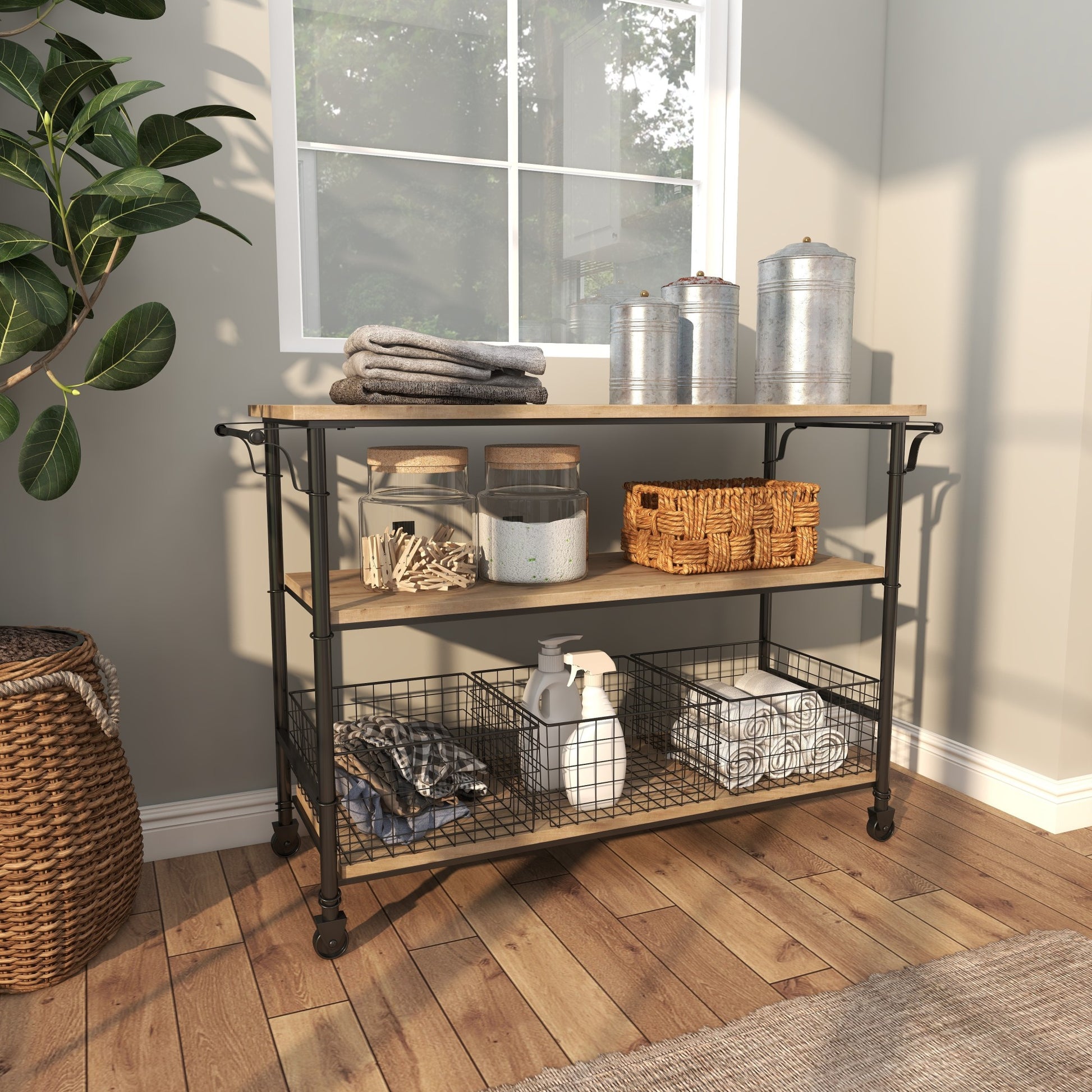 Brown Wood Rolling Cart 3 Drawer Room Storage Unit with Black Wire Baskets