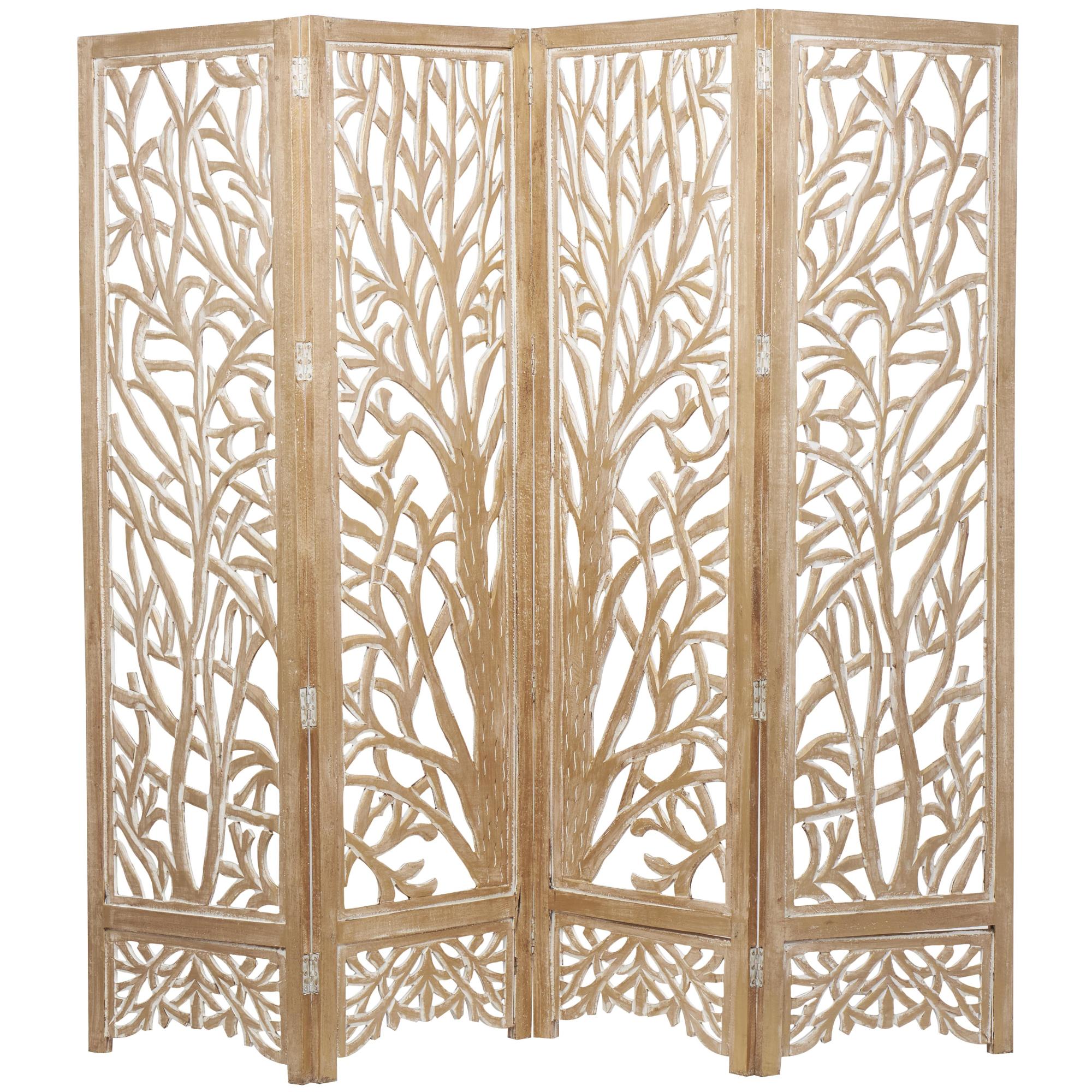 Tree Gold Wooden Hinged Foldable Partition 4 Panel Partition Room Divider Screen with Carved Designs