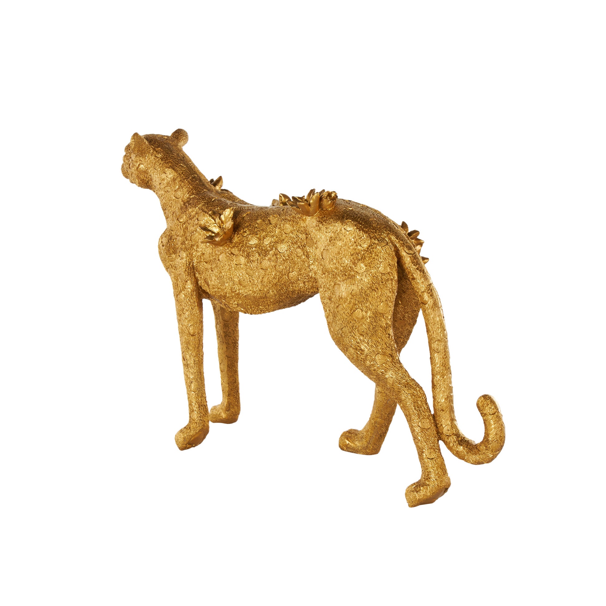 Leopard Gold Resin Standing Decorative Sculpture with Textured Spots and Floral Accents