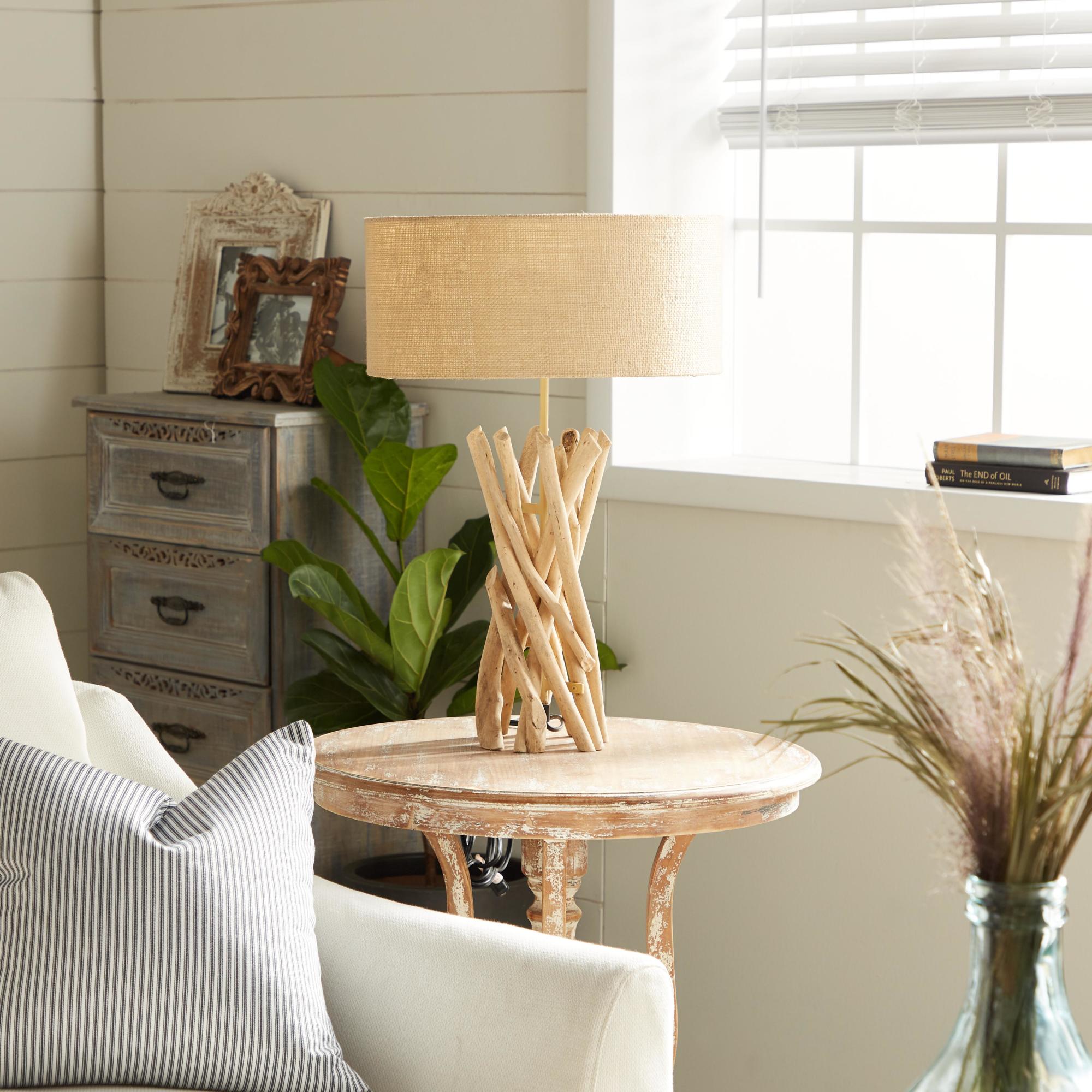 Light Brown Driftwood Handmade Room Table Lamp with Cream Linen Shade
