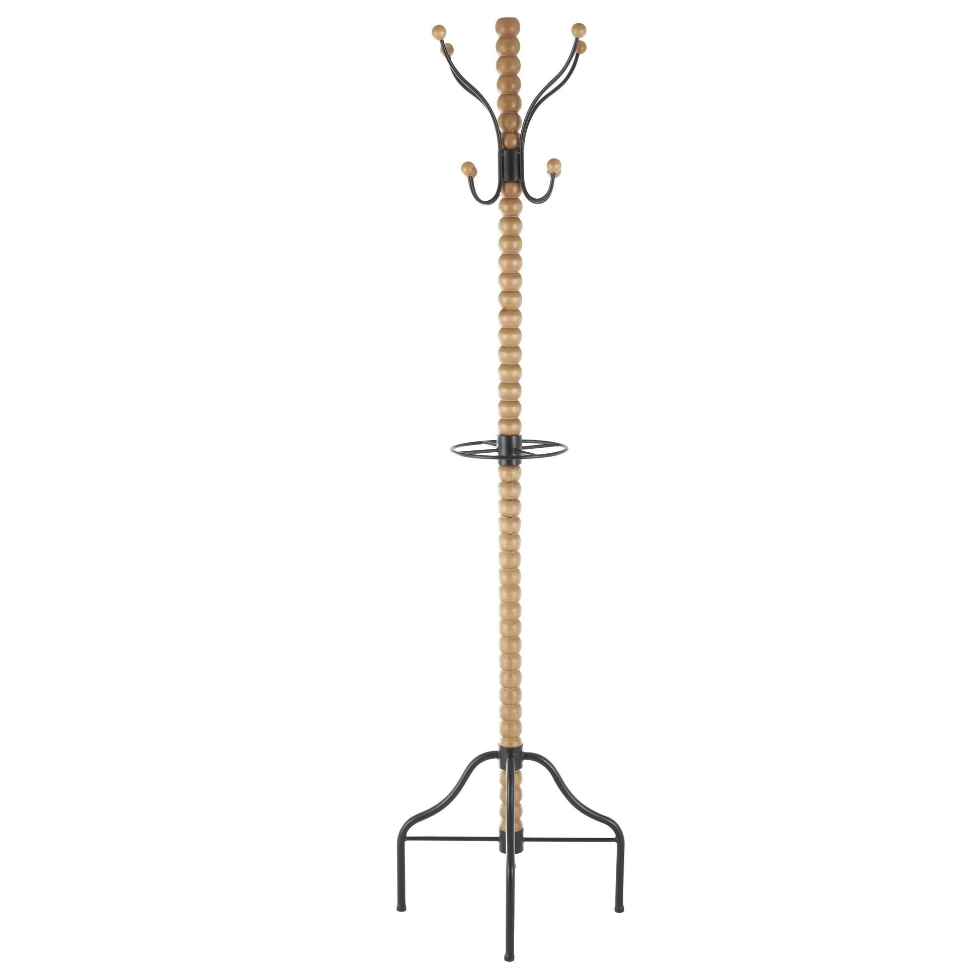 Brown Wood Spindle 8 Hook Freestanding Coat Rack with Black Metal Accents and Beaded Ends
