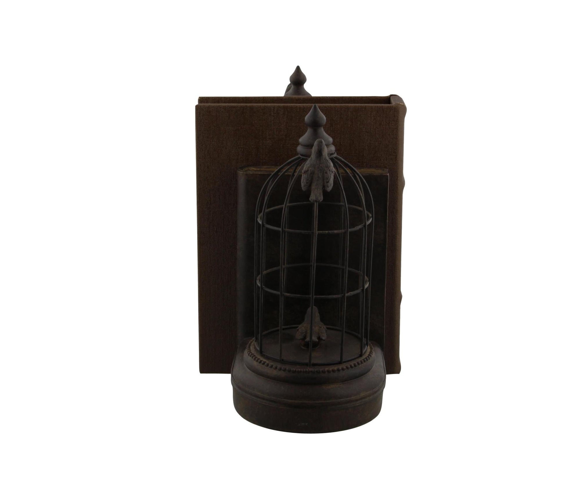 Set of 2 Bird Black Metal Decorative Bookends with Cages