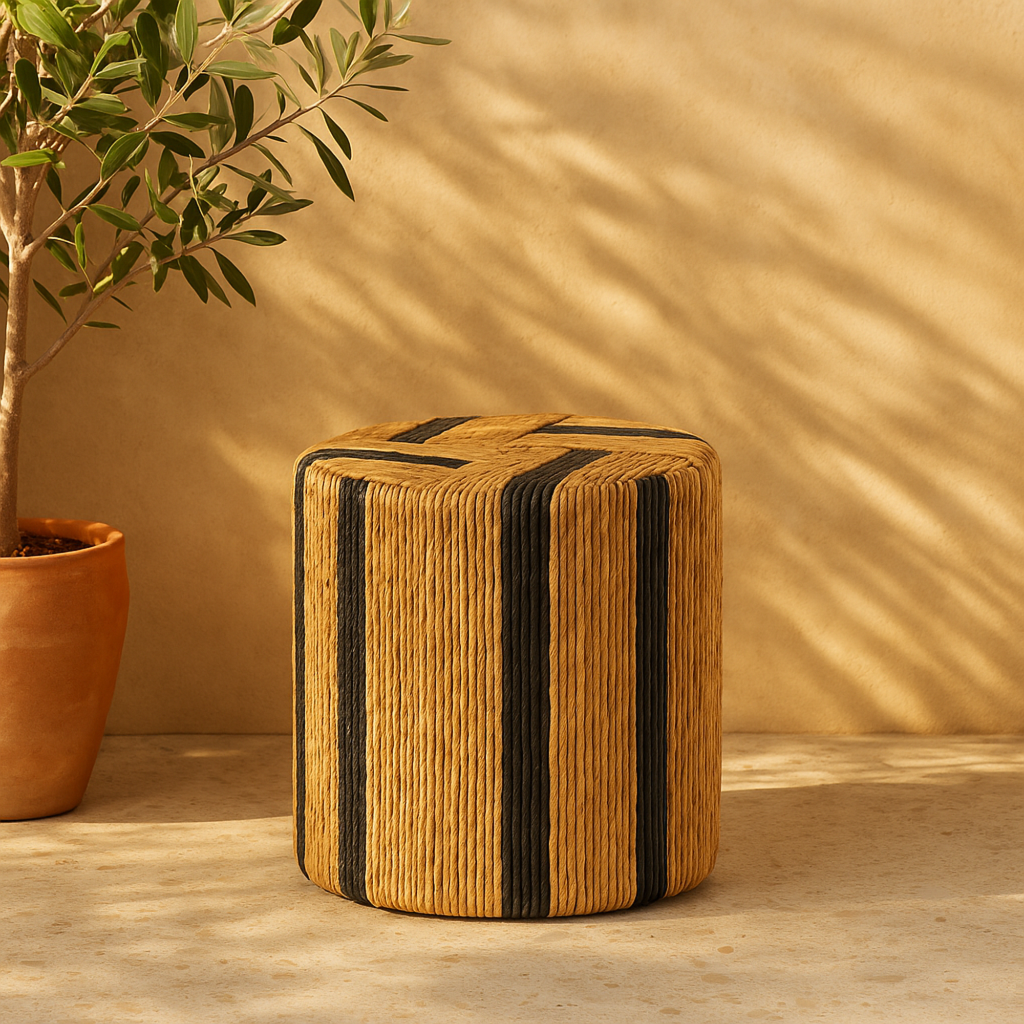 Brown Banana Leaf Handmade Linear Wrapped Side End Accent Table