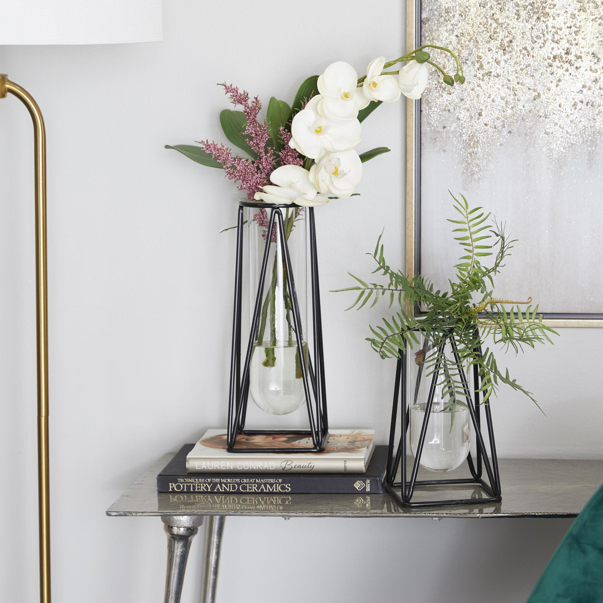 Set of 2 Geometric Glass Tube Decorative Vase with Metal Stand