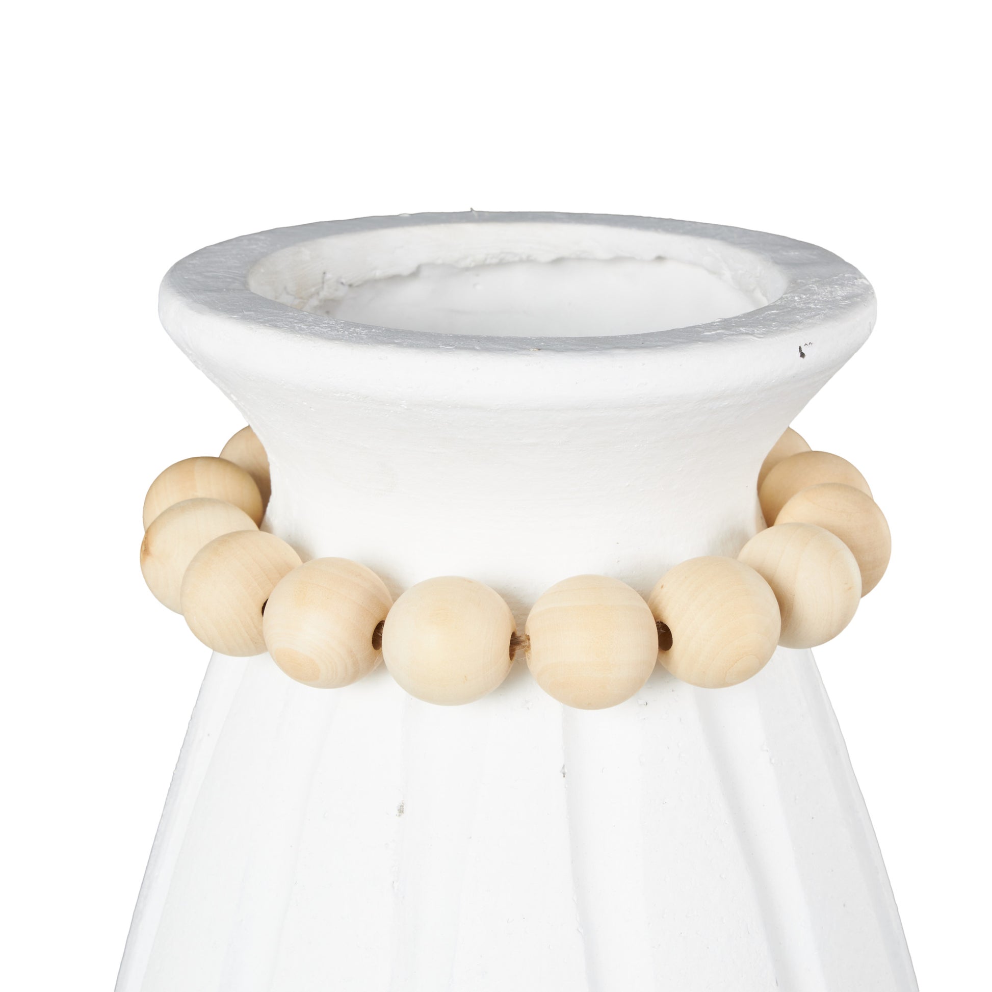 White Magnesium Oxide Decorative Vase with Light Brown Beads and Carved Grooves