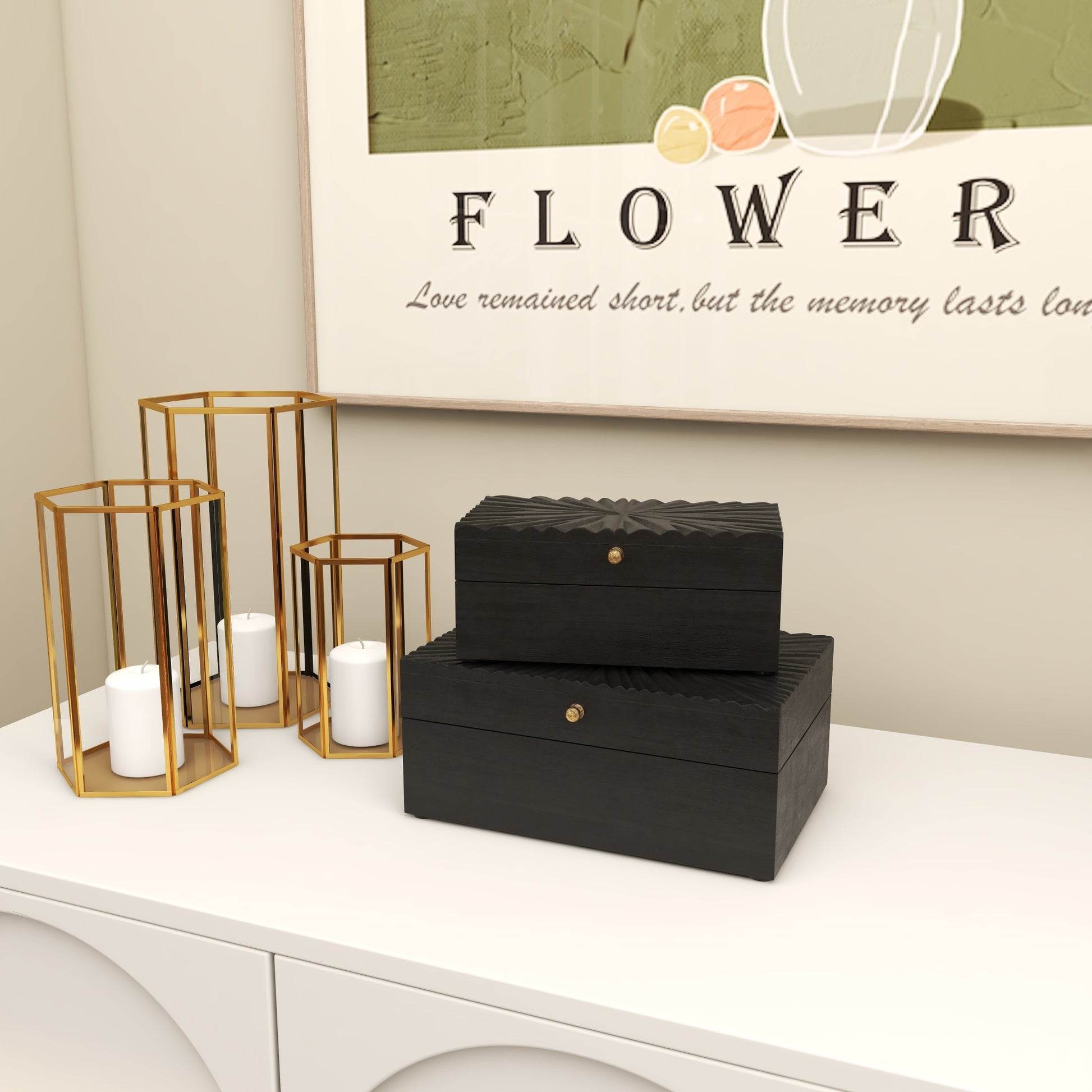 CosmoLiving by Cosmopolitan Set of 2 Starburst Wood Carved Storage Decorative Box with Gold Knobs