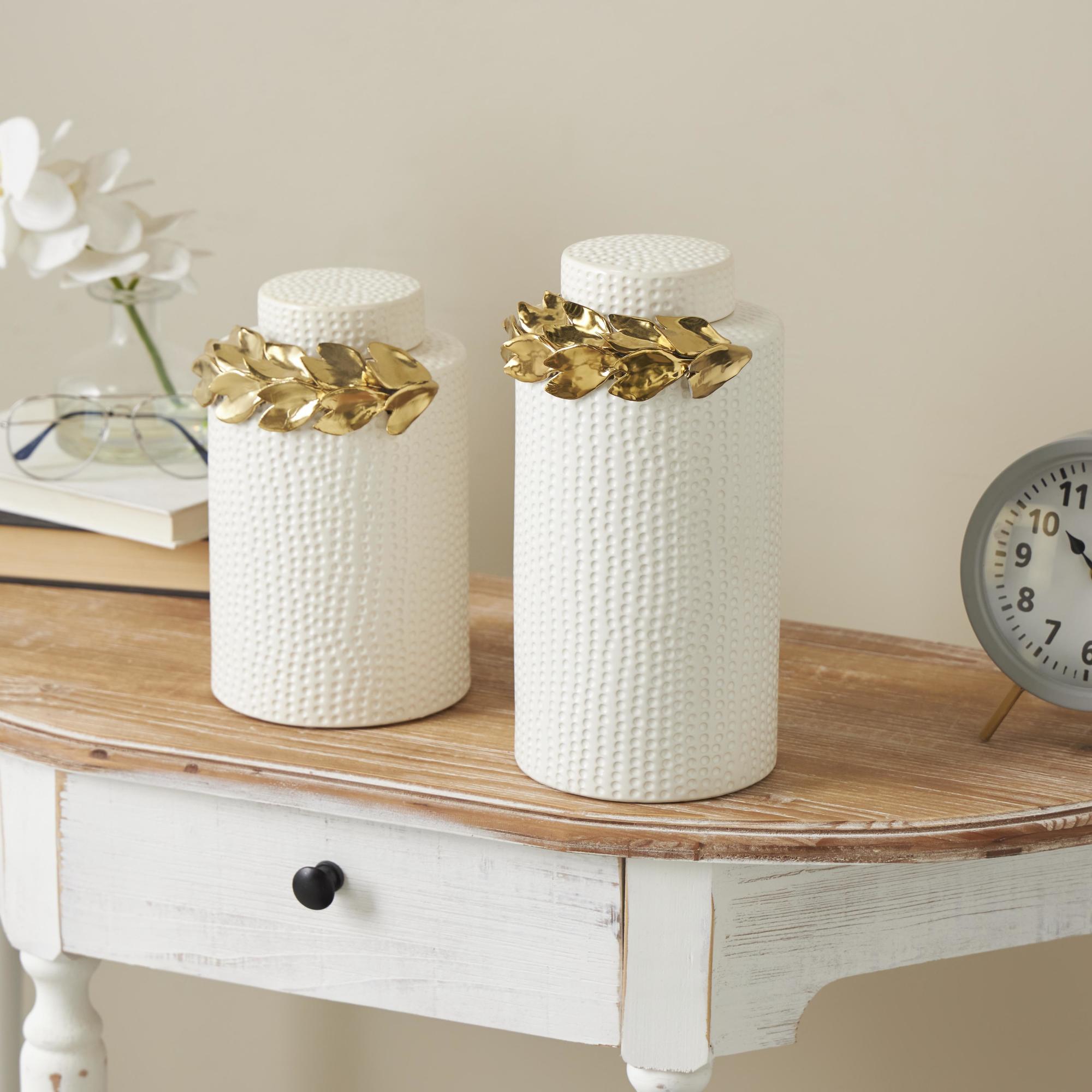 Set of 2 Leaf White Ceramic Living Room Decorative Jars with Abstract Spotted Pattern and Gold Accents