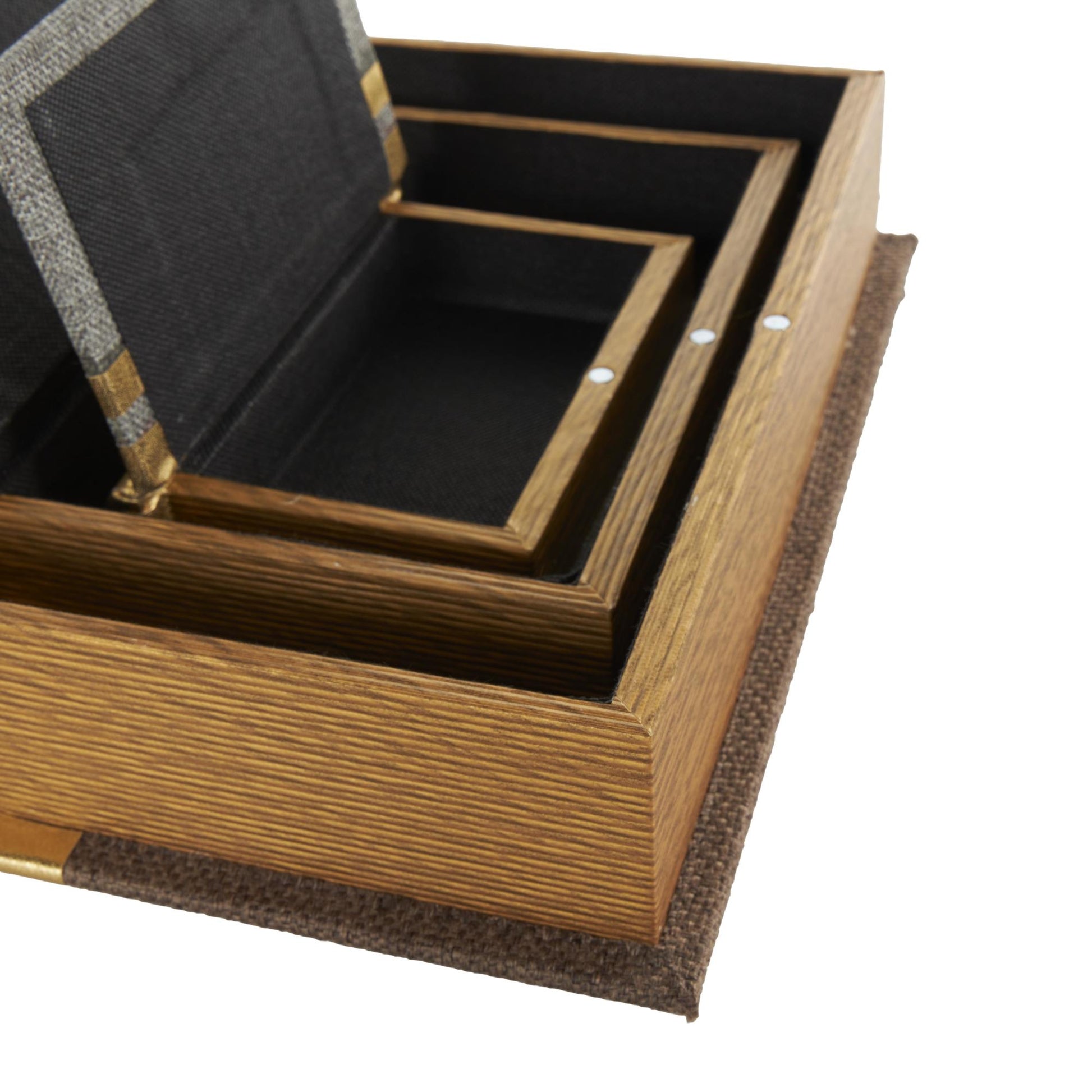 Set of 3 Brown Linen Fabric Textured Faux Book Storage Decorative Box with Gold Faux Leather