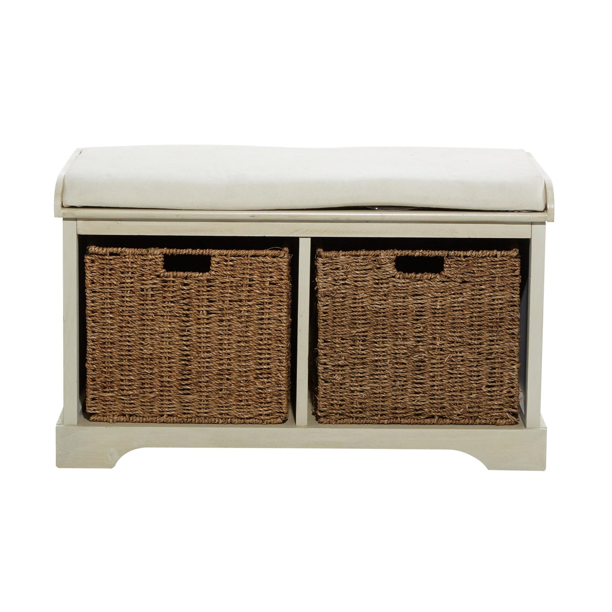 White Wood Room Storage Bench with Brown Seagrass Baskets and Cushioned Seat