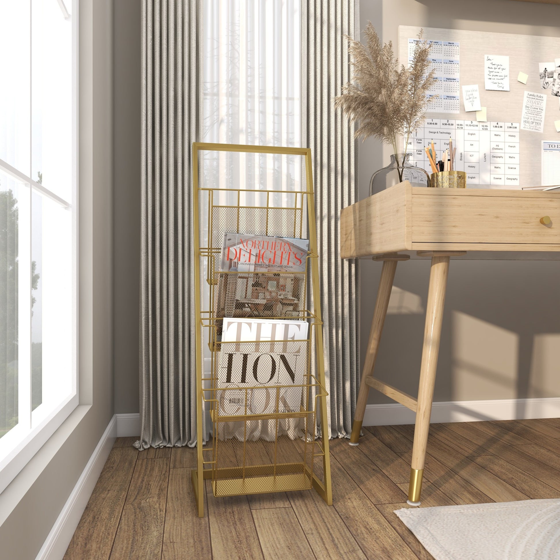 Gold Metal 4 Slot Decorative Magazine Holder with Tall Stand