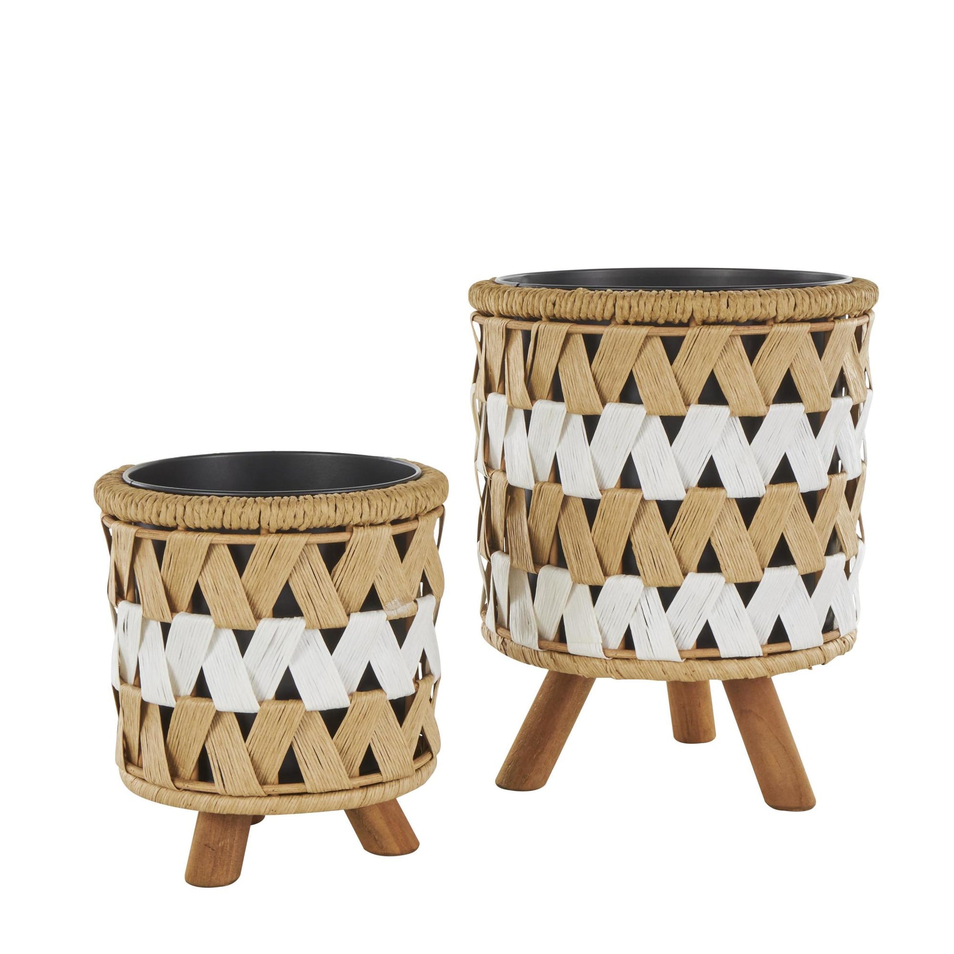 Set of 2 Geometric Brown Jute Rope Handmade Woven Chevron Indoor Planter with Wooden Legs