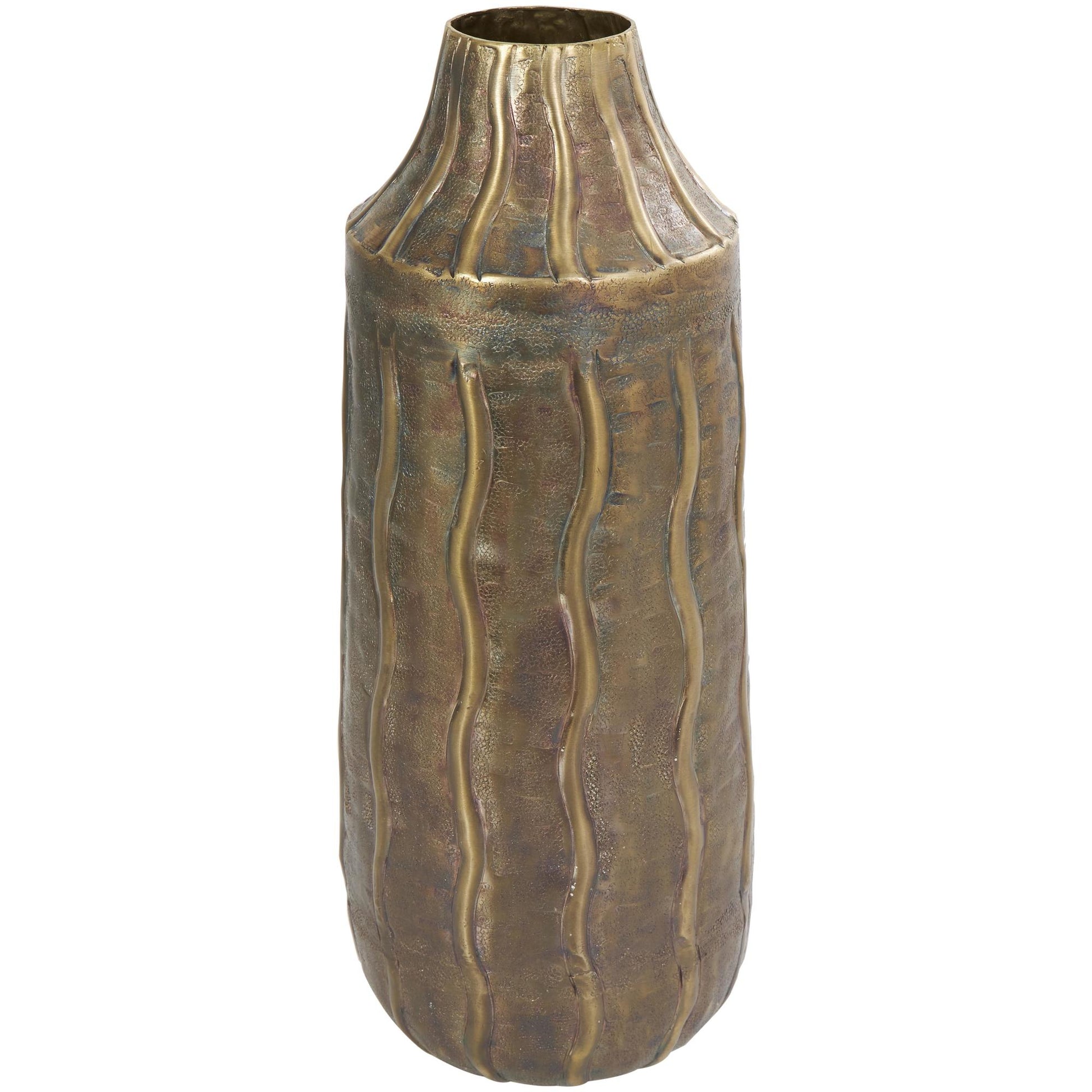 Brass Metal Snakeskin Inspired Decorative Vase with Dimensional Wavy Accents