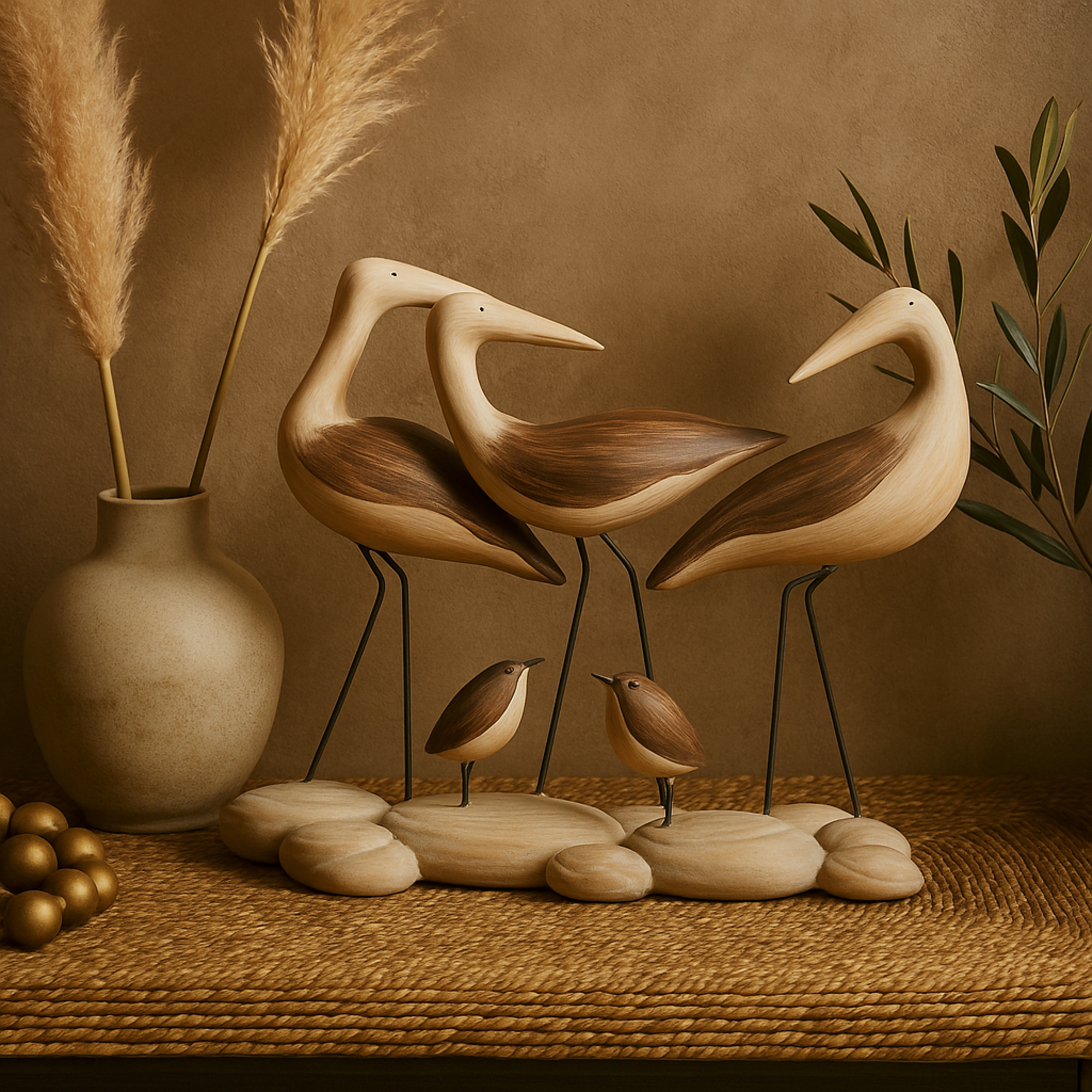 Bird Brown Polyresin Family Decorative Sculpture with Cream Rock Base
