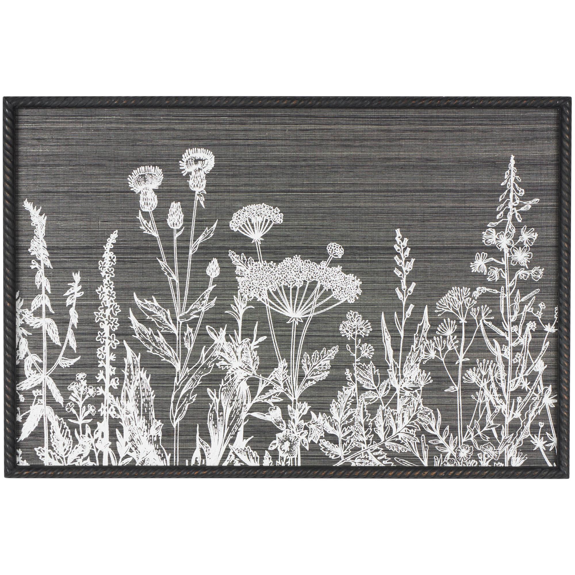 Floral Black Wood Relief Living Room Framed Wall Art with Gray Textured Backing and Black Twisted Frame