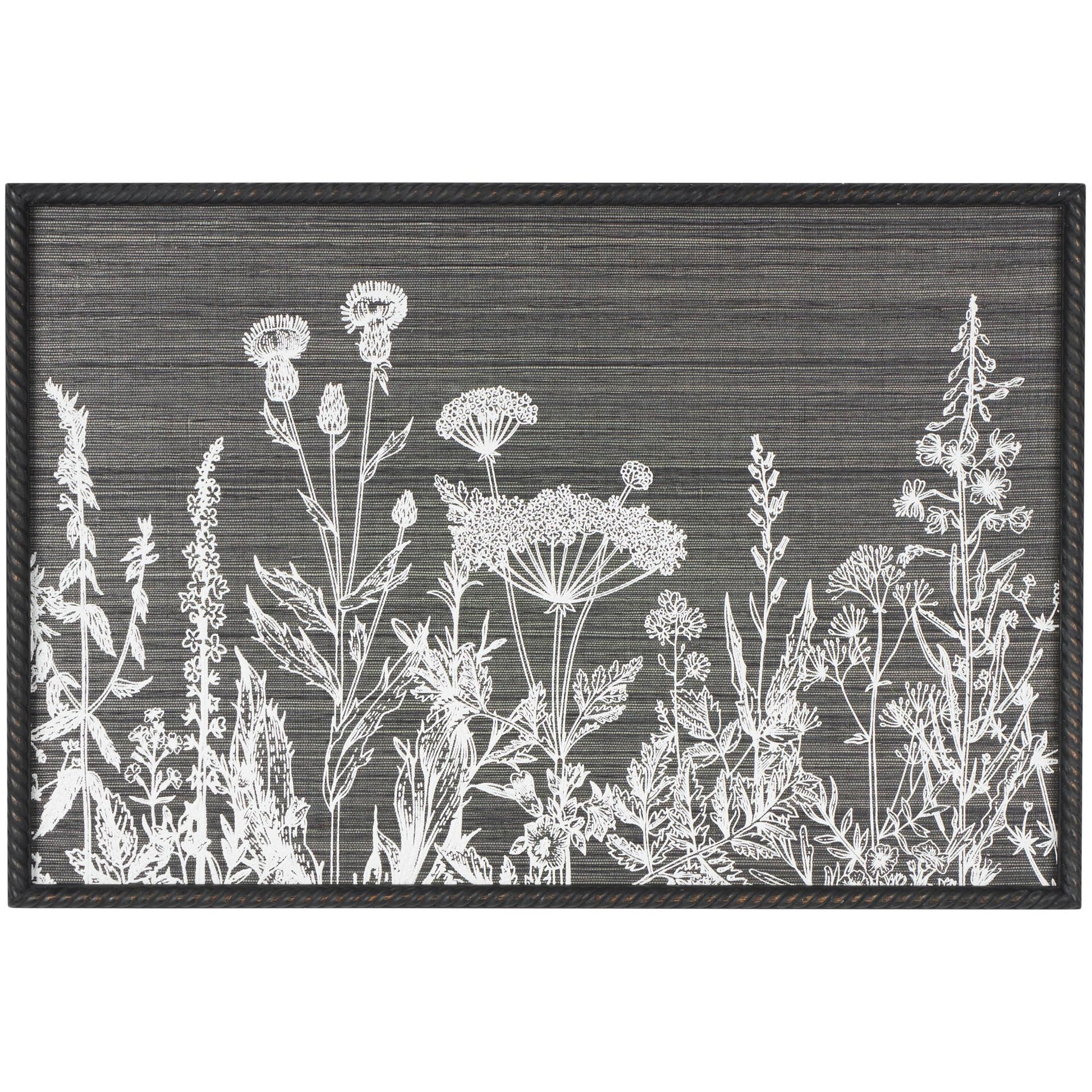 Floral Black Wood Relief Living Room Framed Wall Art with Gray Textured Backing and Black Twisted Frame