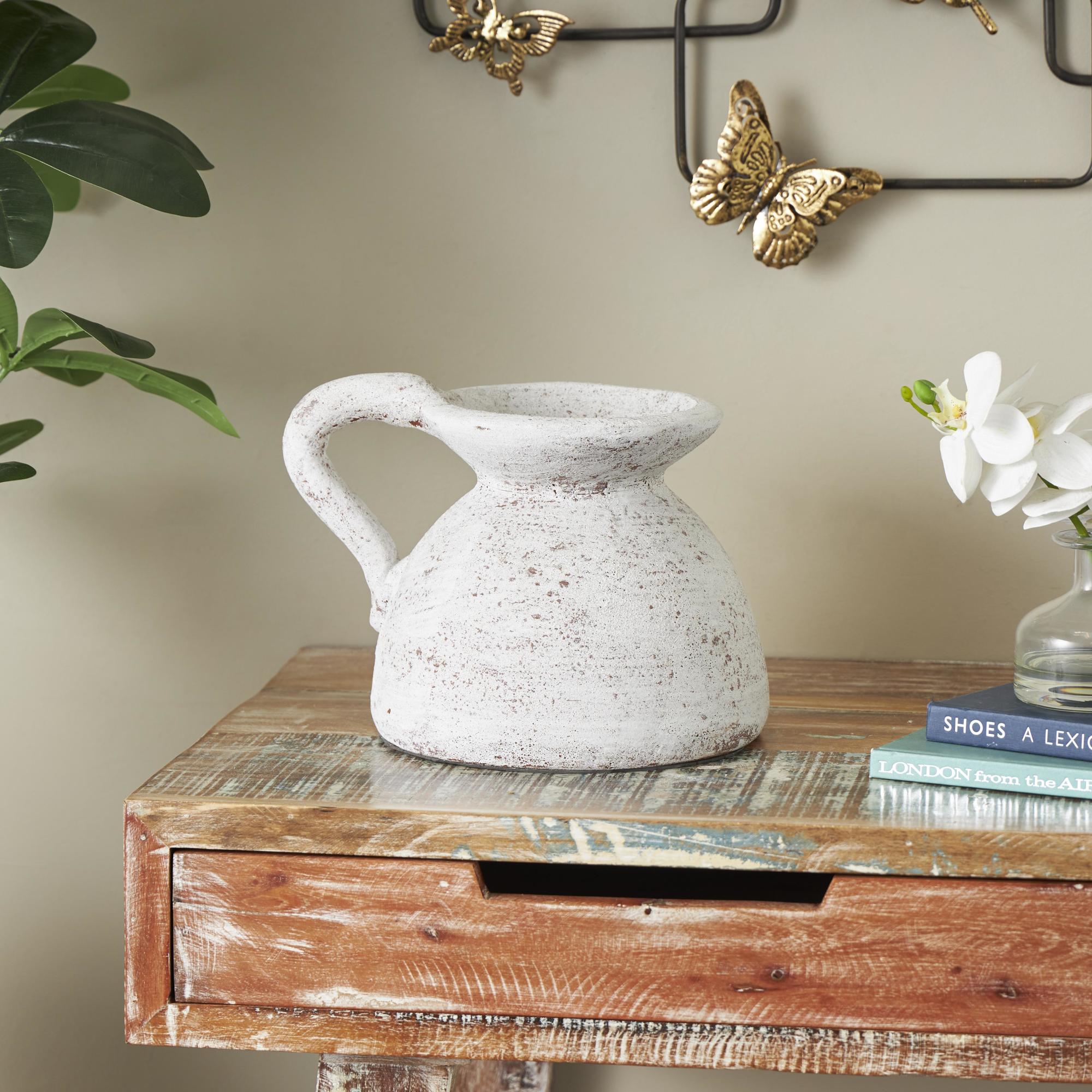 White Ceramic Antique Style Textured Pot Decorative Vase with Handle