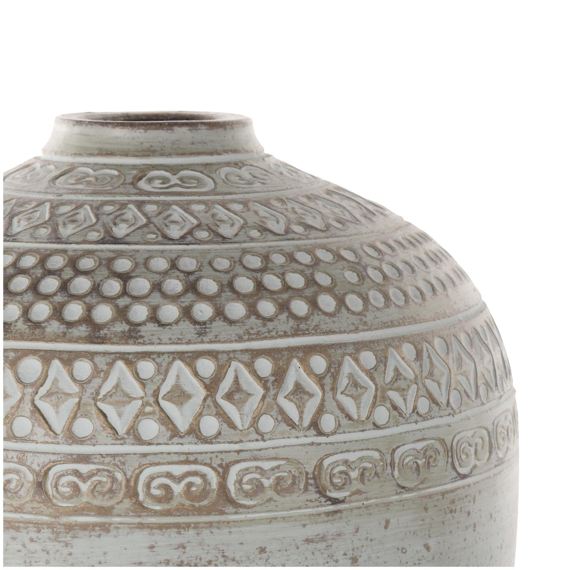Green Ceramic Handmade Antique Style Decorative Vase with Geometric Tribal Carvings