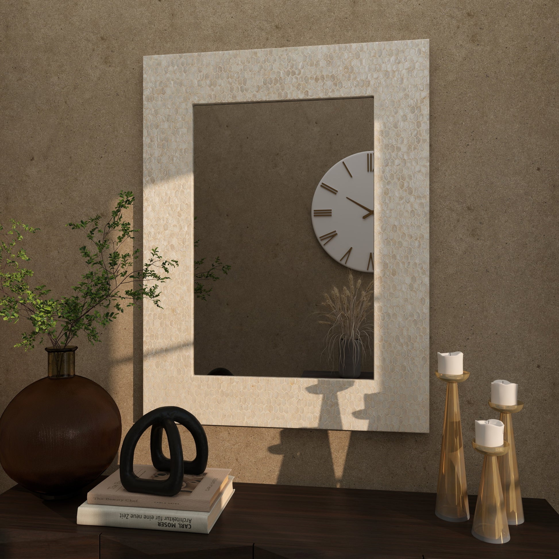 Cream Mother of Pearl Shell Handmade Mosaic Room Wall Mirror